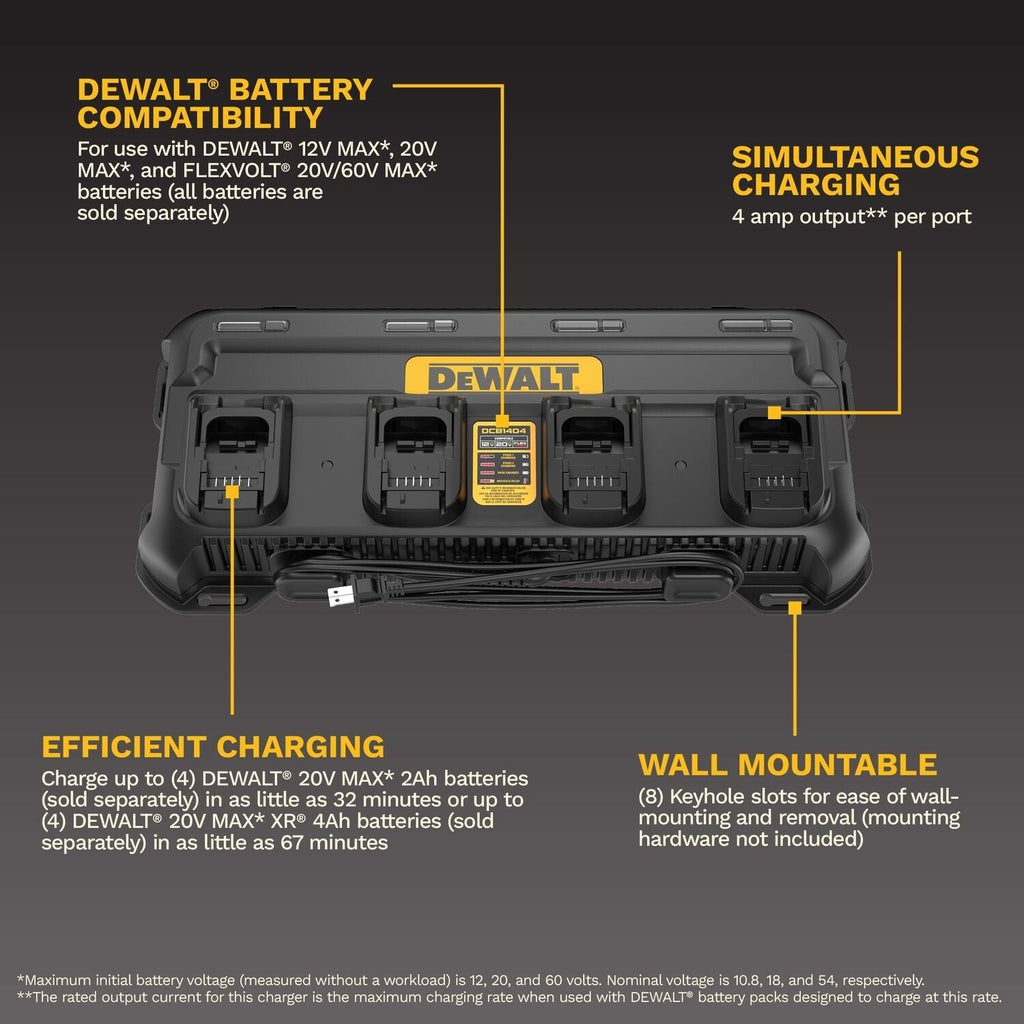 DeWALT DCB1404 4-Amp 4-Battery Simultaneous Multiport Battery Charger for 12V/20V/FlexVolt