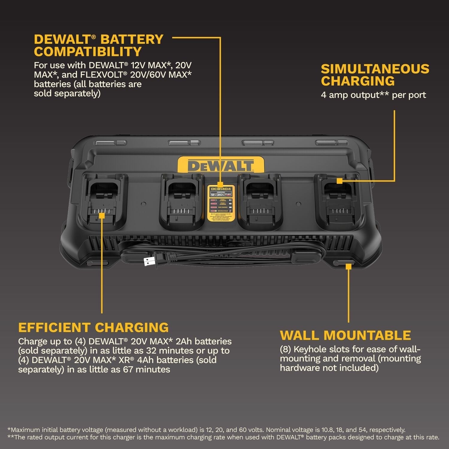 DeWALT DCB1404 4-Amp 4-Battery Simultaneous Multiport Battery Charger for 12V/20V/FlexVolt