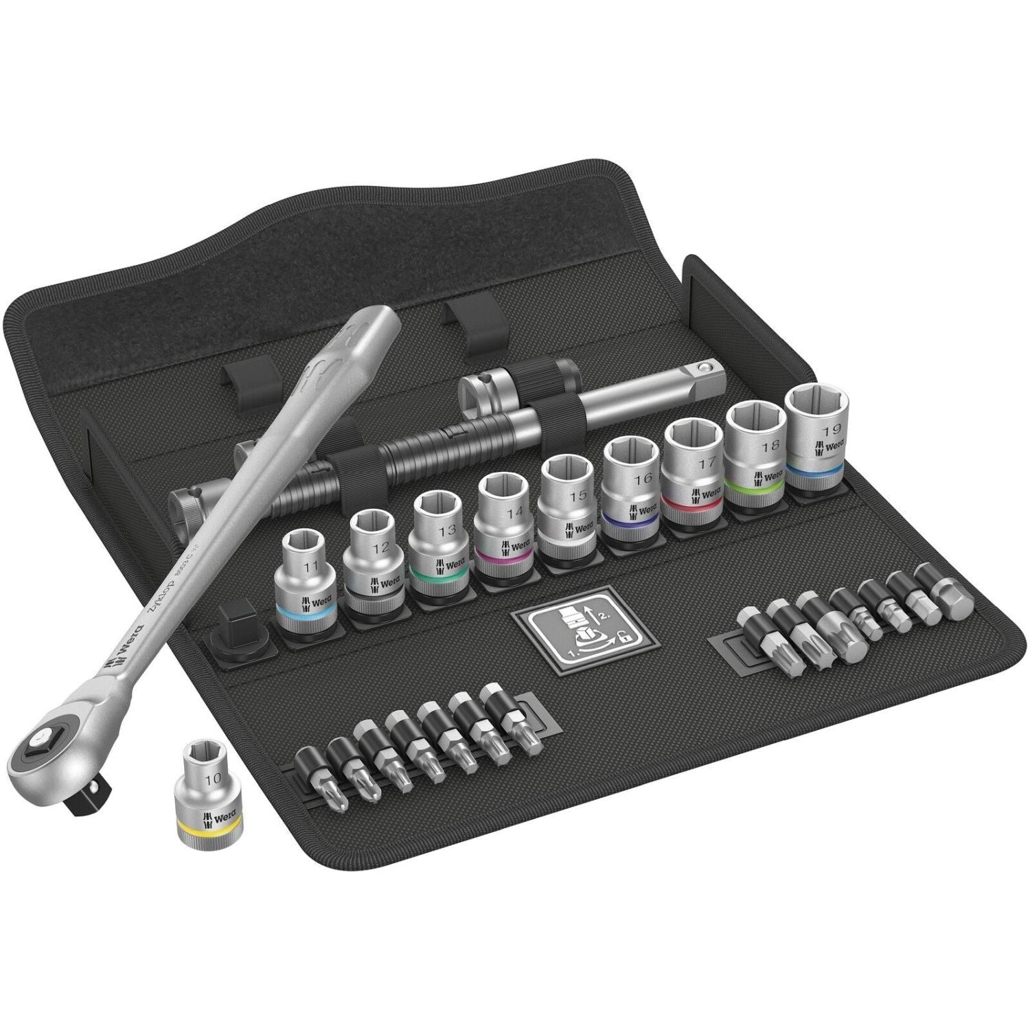 Wera 8100 Sc 7 Zyklop Metal Ratchet Set With Push-Through Square, 1/2-in. Drive, Metric, 28-Pieces