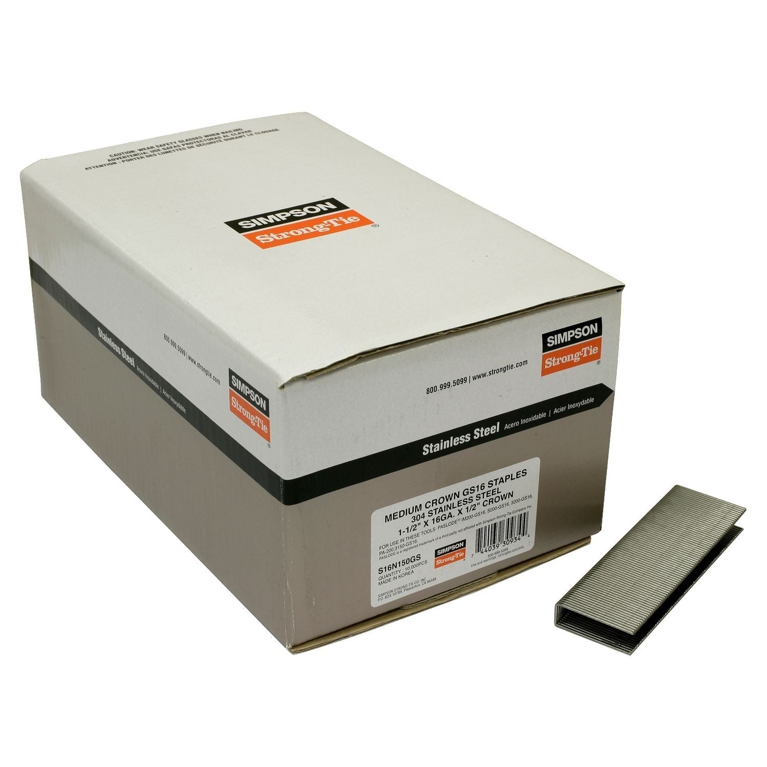 Simpson Strong-Tie S16N150GS 1/2-in. Crown, 16-Gauge Staples, 1-1/2-in. Type 304 Stainless Steel, 10000-Pack