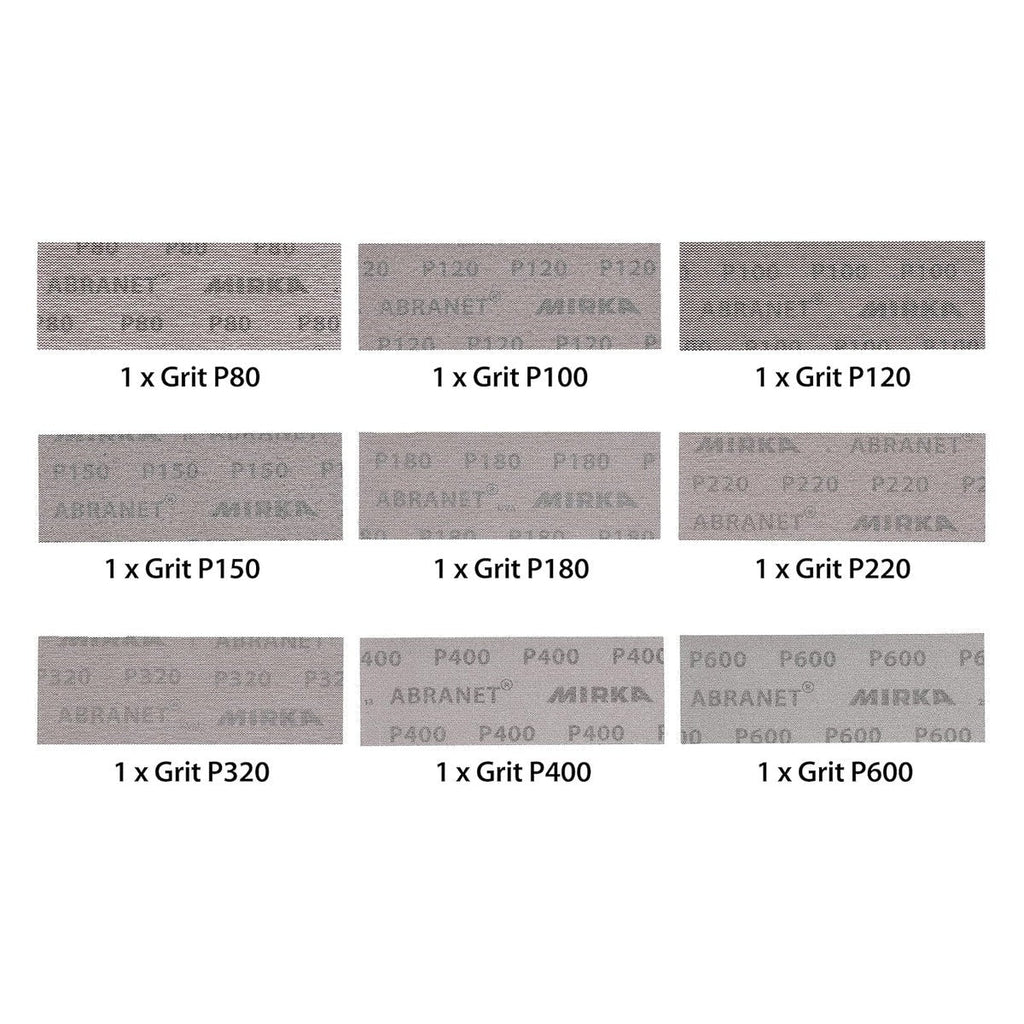 Mirka Abranet 2.75 x 8-in. Assorted Grit Net Sanding Sheets, 9-Pack Hook and Loop (9A-150-APRP)