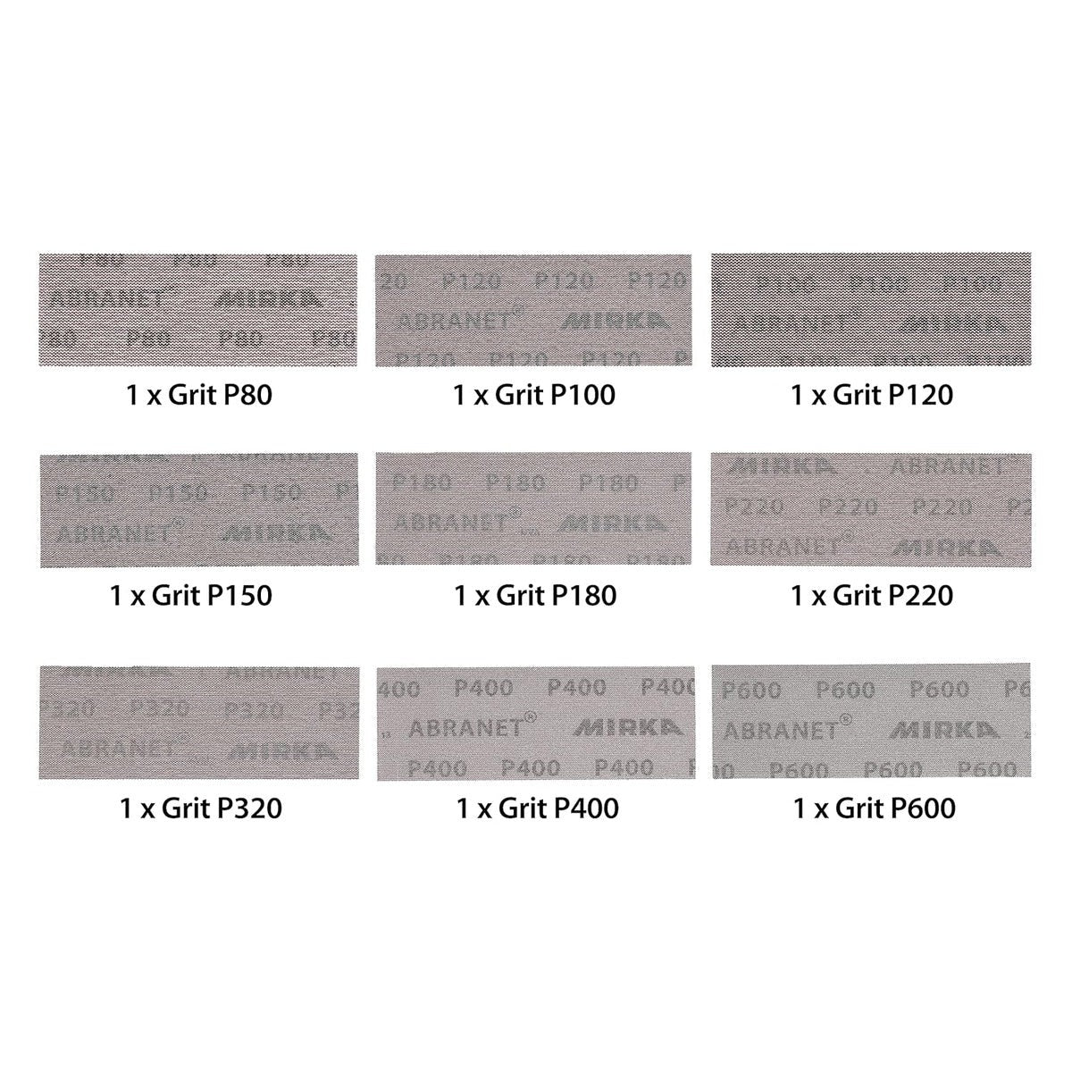 Mirka Abranet 2.75 x 8-in. Assorted Grit Net Sanding Sheets, 9-Pack Hook and Loop (9A-150-APRP)