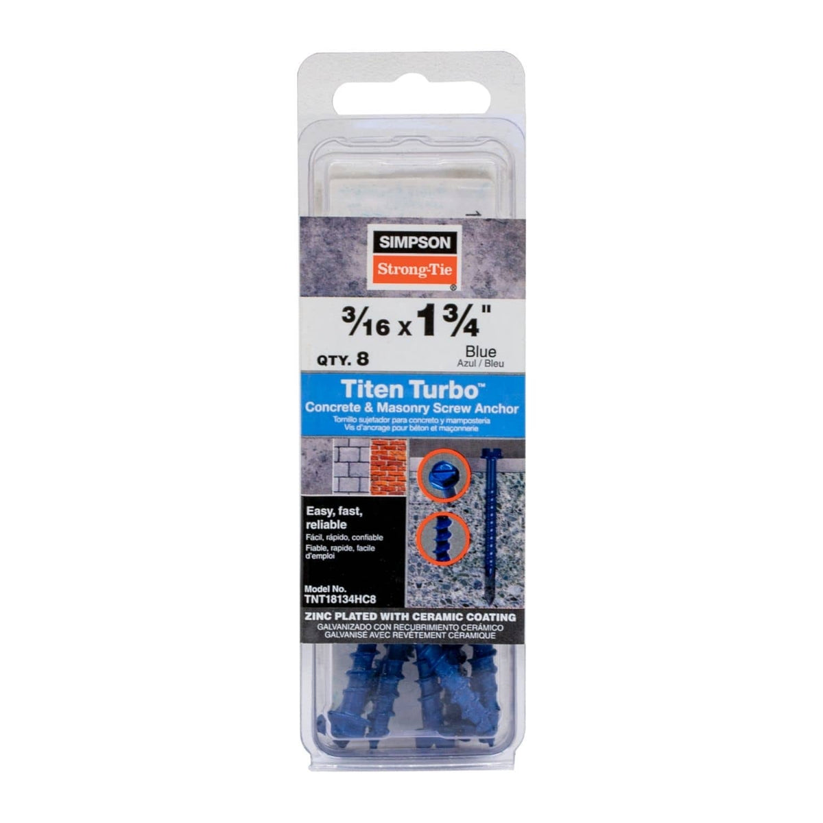 Simpson Strong-Tie TNT18134HC8 Titen Turbo, 3/16-in. x 1-3/4-in. Hex-Head Concrete and Masonry Screw, Blue, 8-Pack