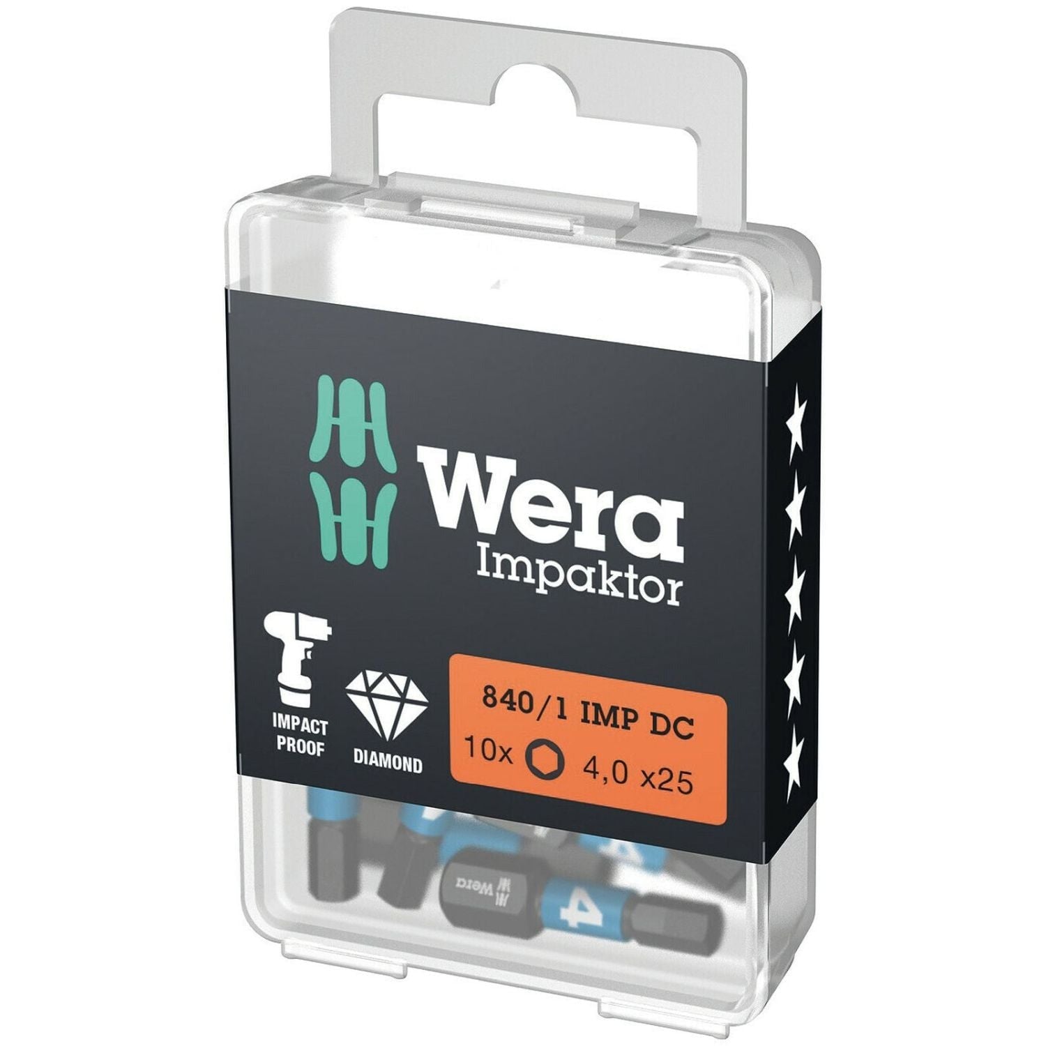 Wera 840/1 Imp Dc Hex-Plus Diy Impaktor Bit, 4x25-mm., 10-Pieces