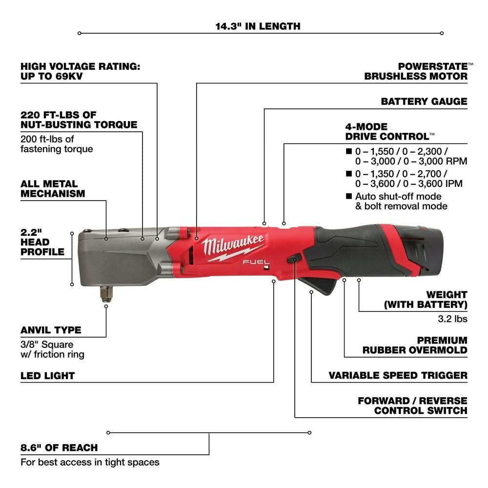Milwaukee 2564-22 M12 FUEL 3/8-Inch Right Angle Impact Wrench 2.0Ah Kit