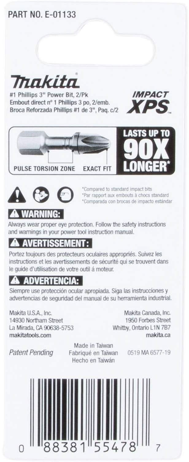 Makita E-01133 Impact XPS #1 Phillips 3" Power Bit, 2/pk