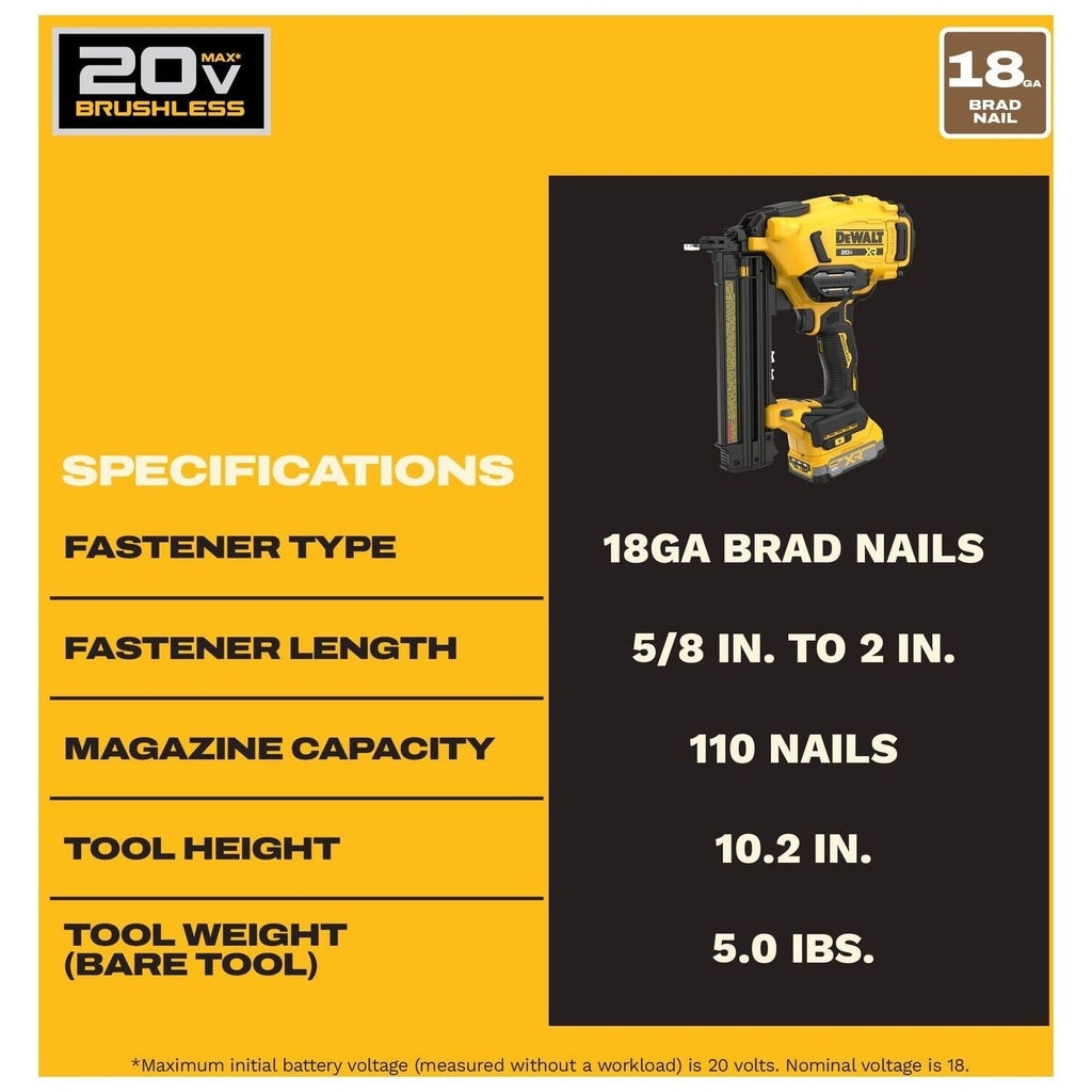 DeWALT DCN210E1 20V MAX XR 18Ga Brad Nailer Powerstack 1.7Ah Kit