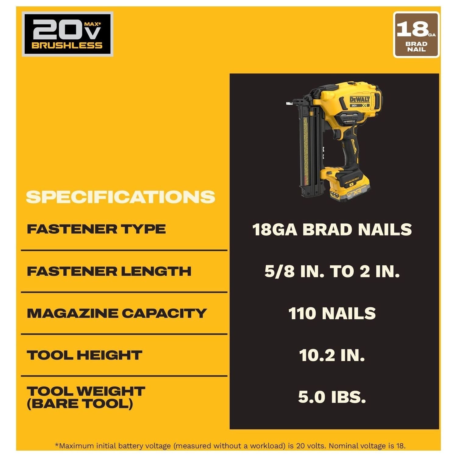 DeWALT DCN210E1 20V MAX XR 18Ga Brad Nailer Powerstack 1.7Ah Kit