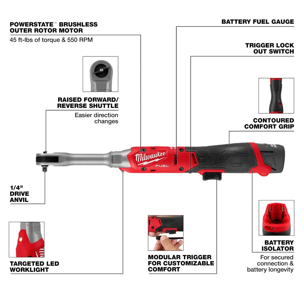 Milwaukee M12 FUEL 1/4-in. Extended Reach Ratchet 2.5Ah Kit (3058-21)