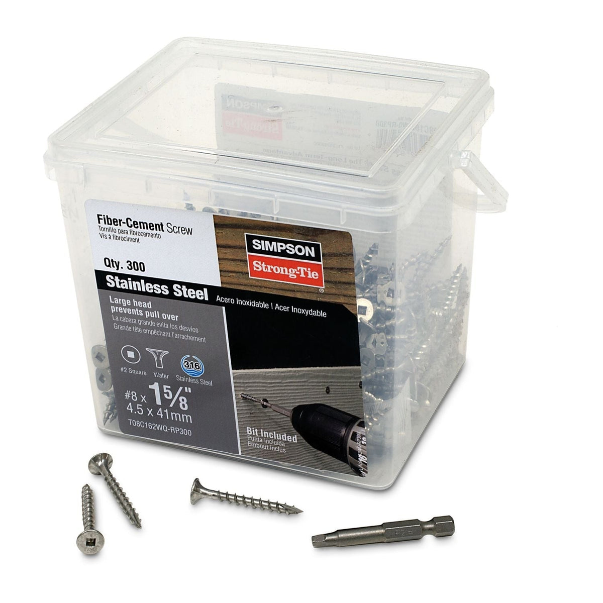 Simpson Strong-Tie T08C162WQ-RP300 Fiber-Cement Screw, #8 x 1-5/8-in. #2 Square Wafer-Head, Type 316, 300-Pack