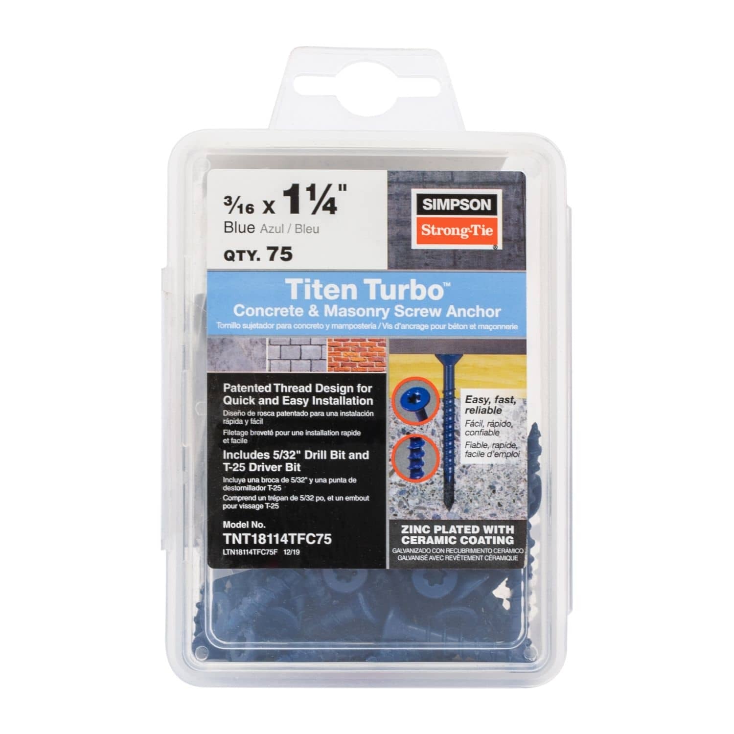Simpson Strong-Tie TNT18114TF Titen Turbo, 3/16-in. x 1-1/4-in. 6-Lobe Flat-Head Concrete and Masonry Screw, Blue, 100-Pack