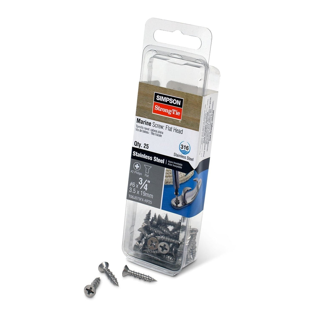 Simpson Strong-Tie T06J075FX-RP25 Marine Screw, Flat Head, #6 x 3/4-in. #2 Phillips Drive, Type 316, 25-Pack