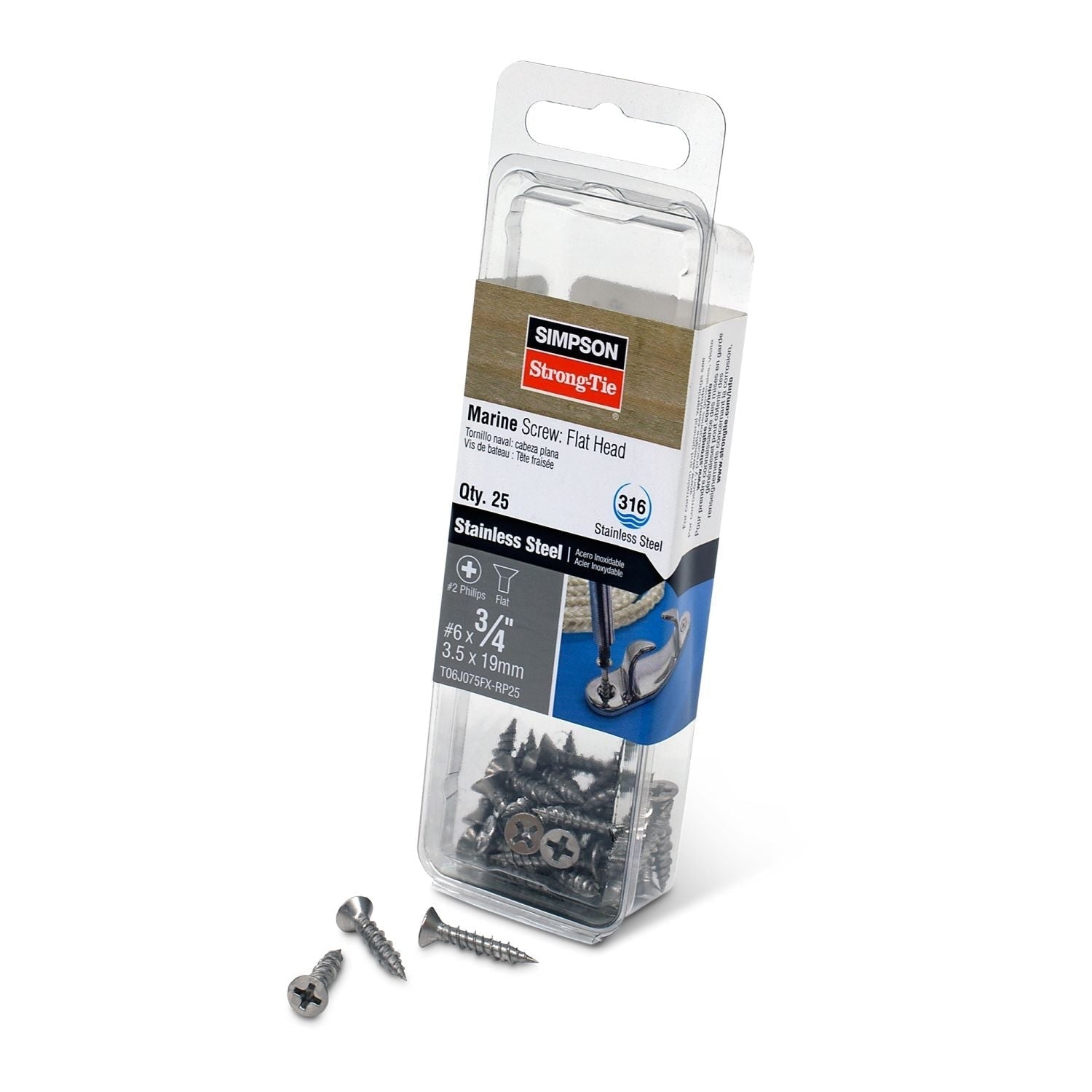 Simpson Strong-Tie T06J075FX-RP25 Marine Screw, Flat Head, #6 x 3/4-in. #2 Phillips Drive, Type 316, 25-Pack