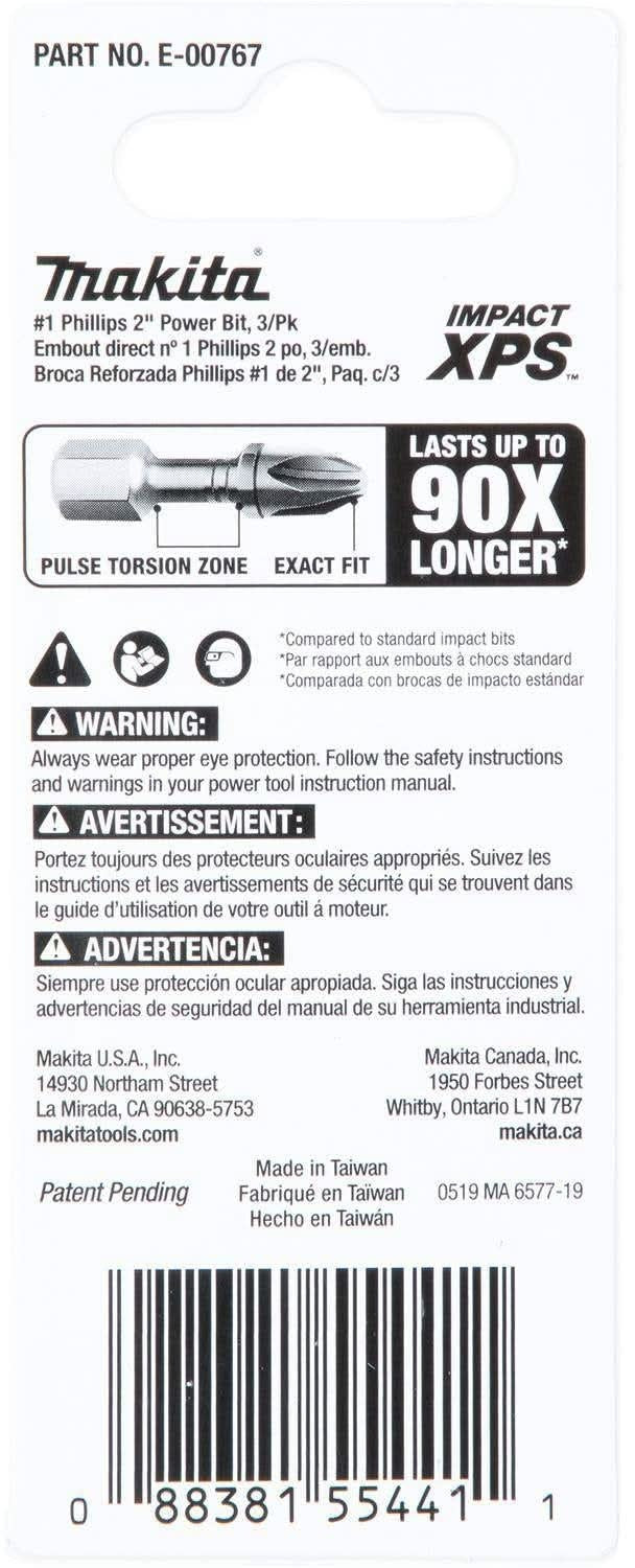 Makita E-00767 Impact XPS #1 Phillips 2" Power Bit, 3/pk