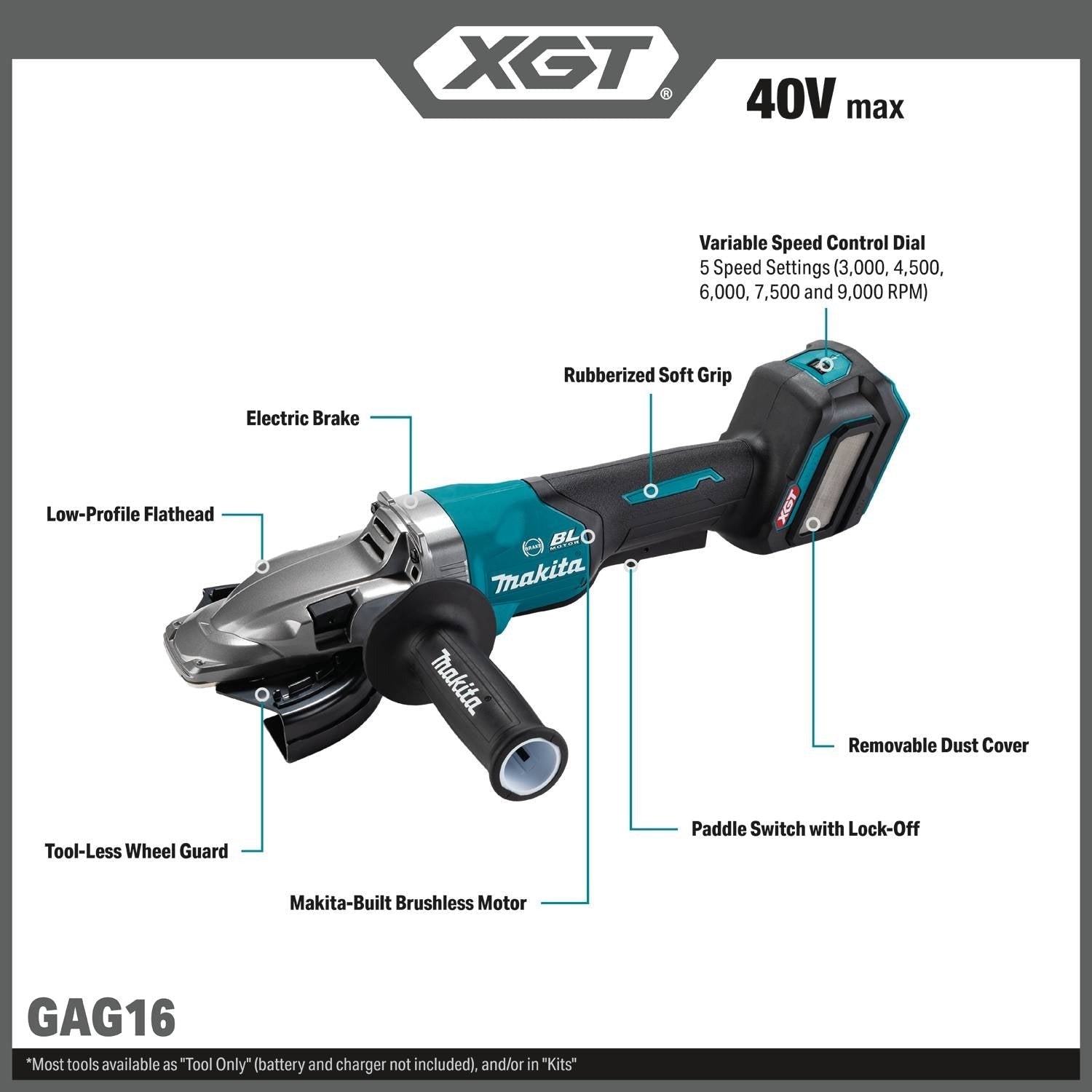 Makita GAG16Z 40V max XGT Brushless 5-in. Paddle Switch Flathead Grinder, Variable Speed, with Electric Brake, Tool Only