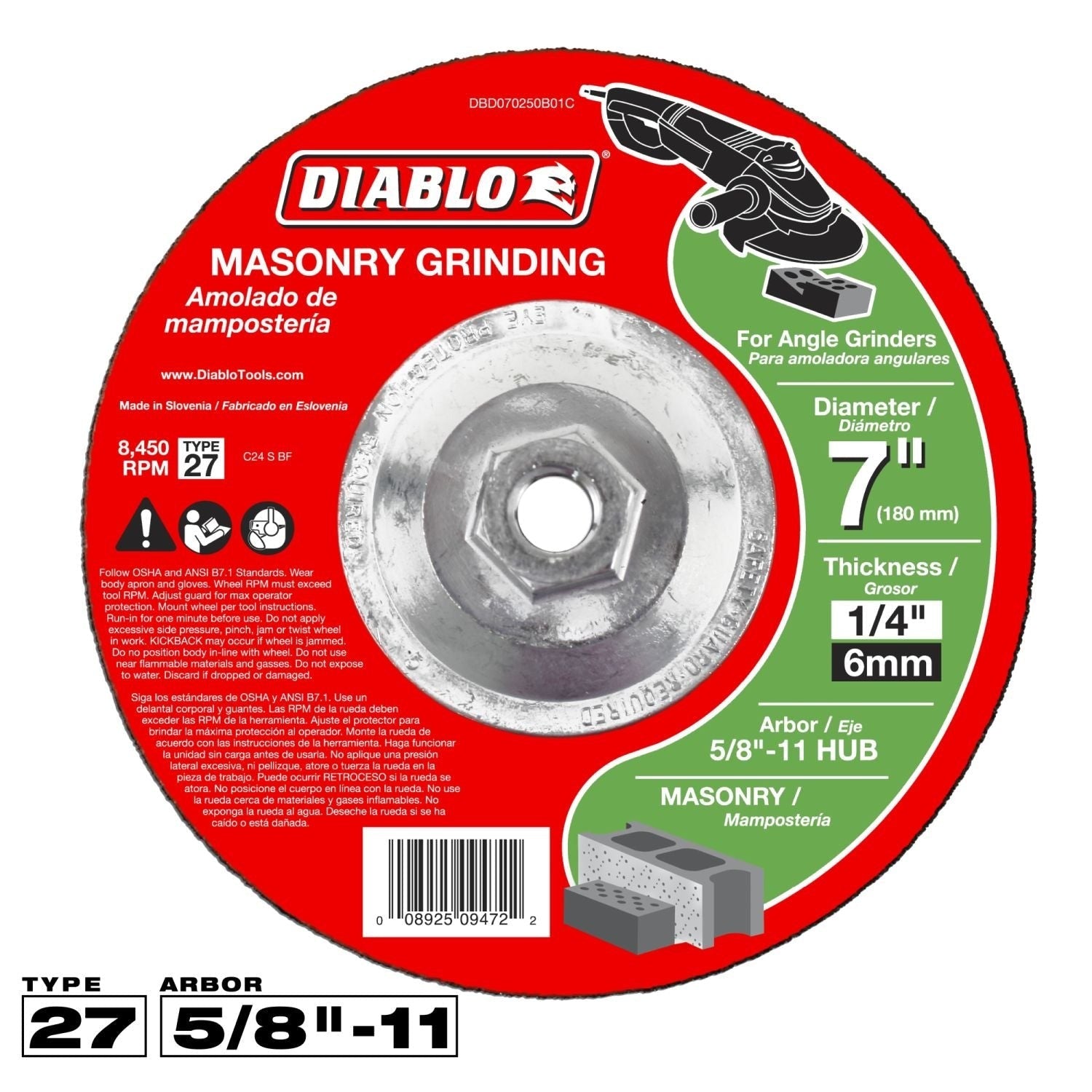 Diablo DBD070250B01C 7 Inch Masonry Grinding Disc - Type 27 HUB