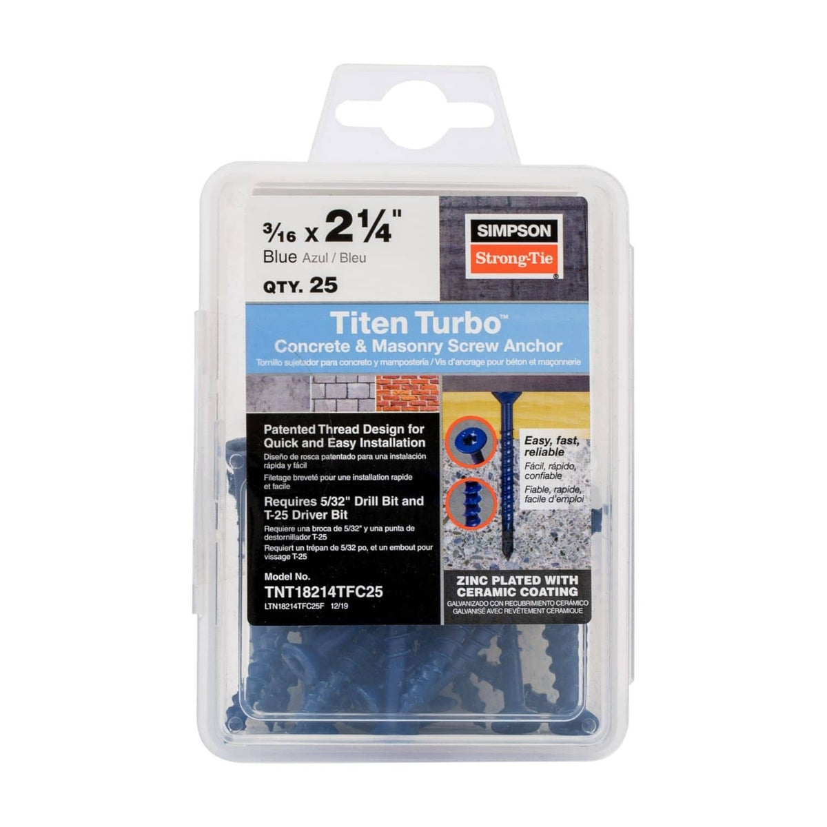 Simpson Strong-Tie TNT18214TF Titen Turbo, 3/16-in. x 2-1/4-in. 6-Lobe Flat-Head Concrete and Masonry Screw, Blue, 100-Pack