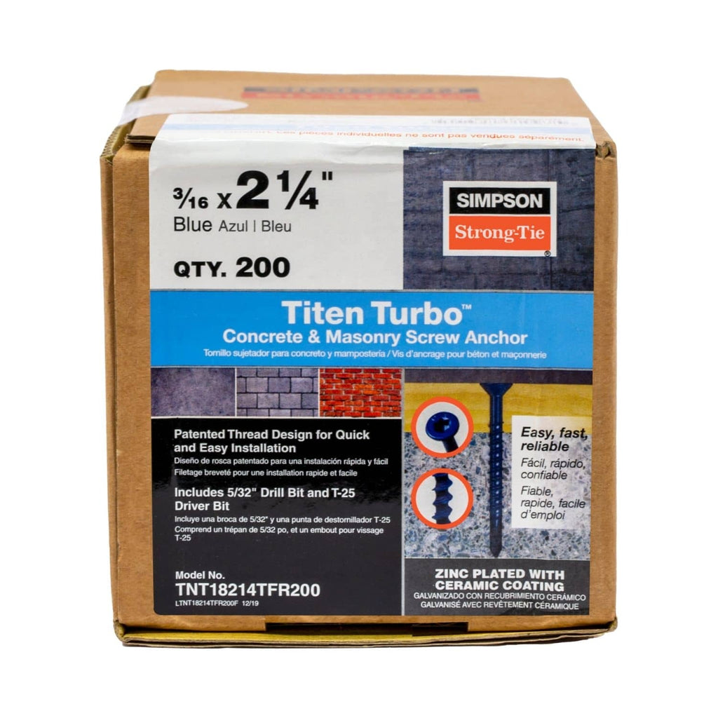 Simpson Strong-Tie TNT18214TF Titen Turbo, 3/16-in. x 2-1/4-in. 6-Lobe Flat-Head Concrete and Masonry Screw, Blue, 100-Pack