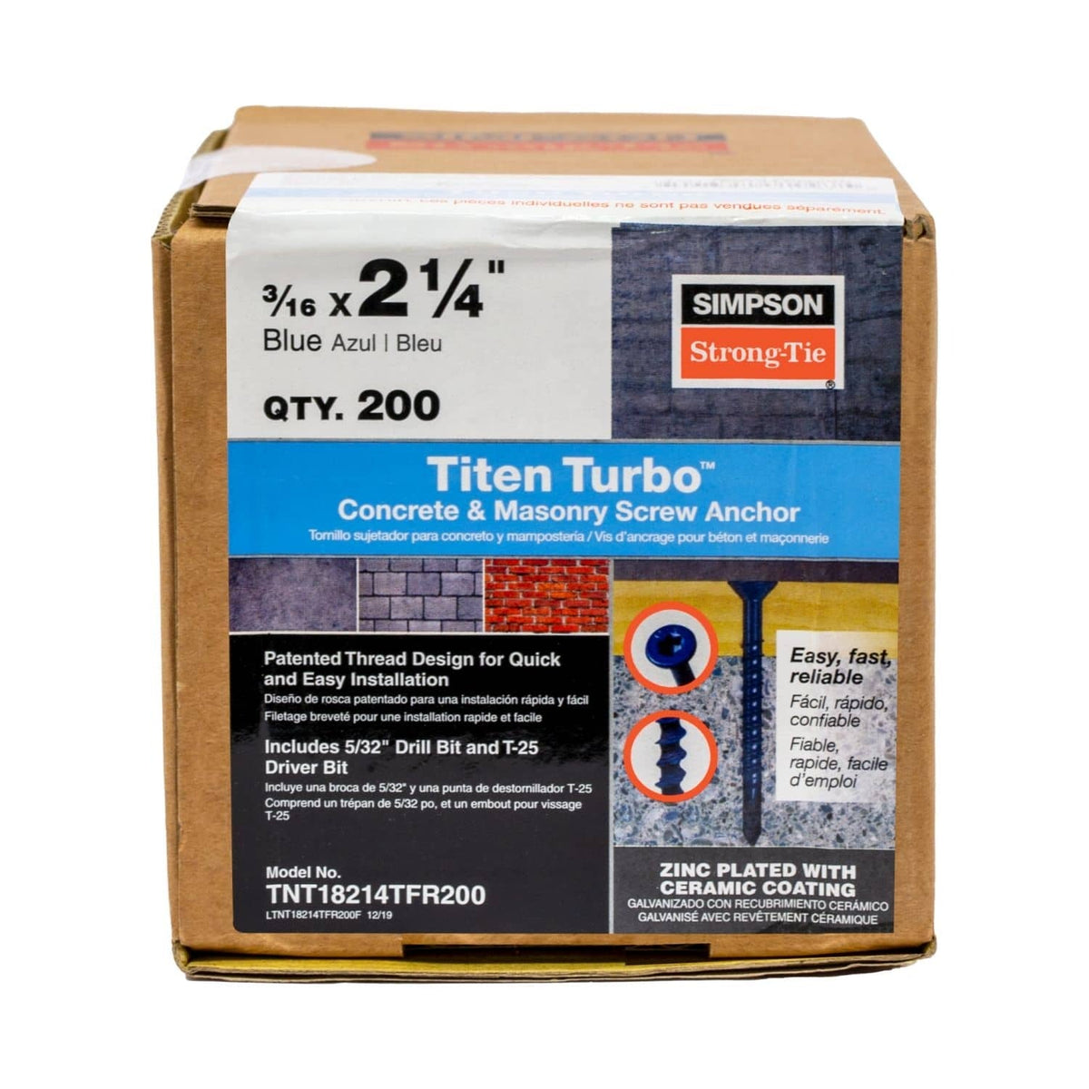 Simpson Strong-Tie TNT18214TF Titen Turbo, 3/16-in. x 2-1/4-in. 6-Lobe Flat-Head Concrete and Masonry Screw, Blue, 100-Pack