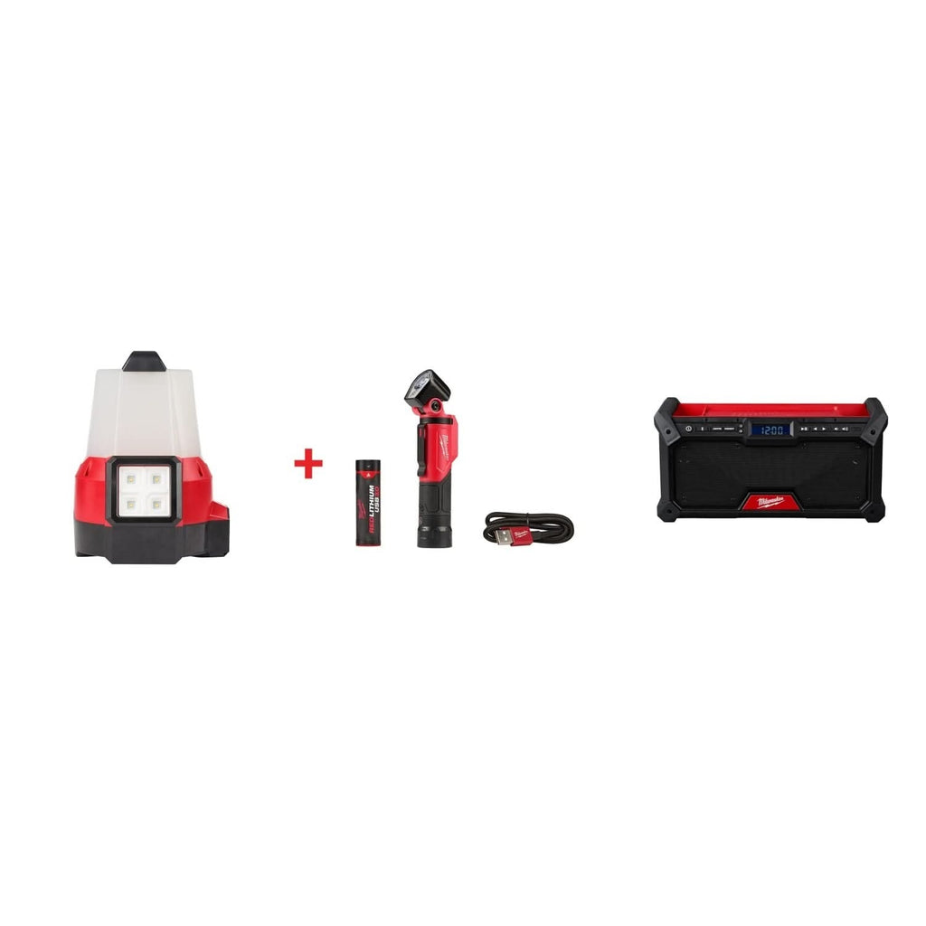 Milwaukee M18 RADIUS Site Light (FM) & Pivoting USB Flashlight Set with M18 Bluetooth Jobsite Radio