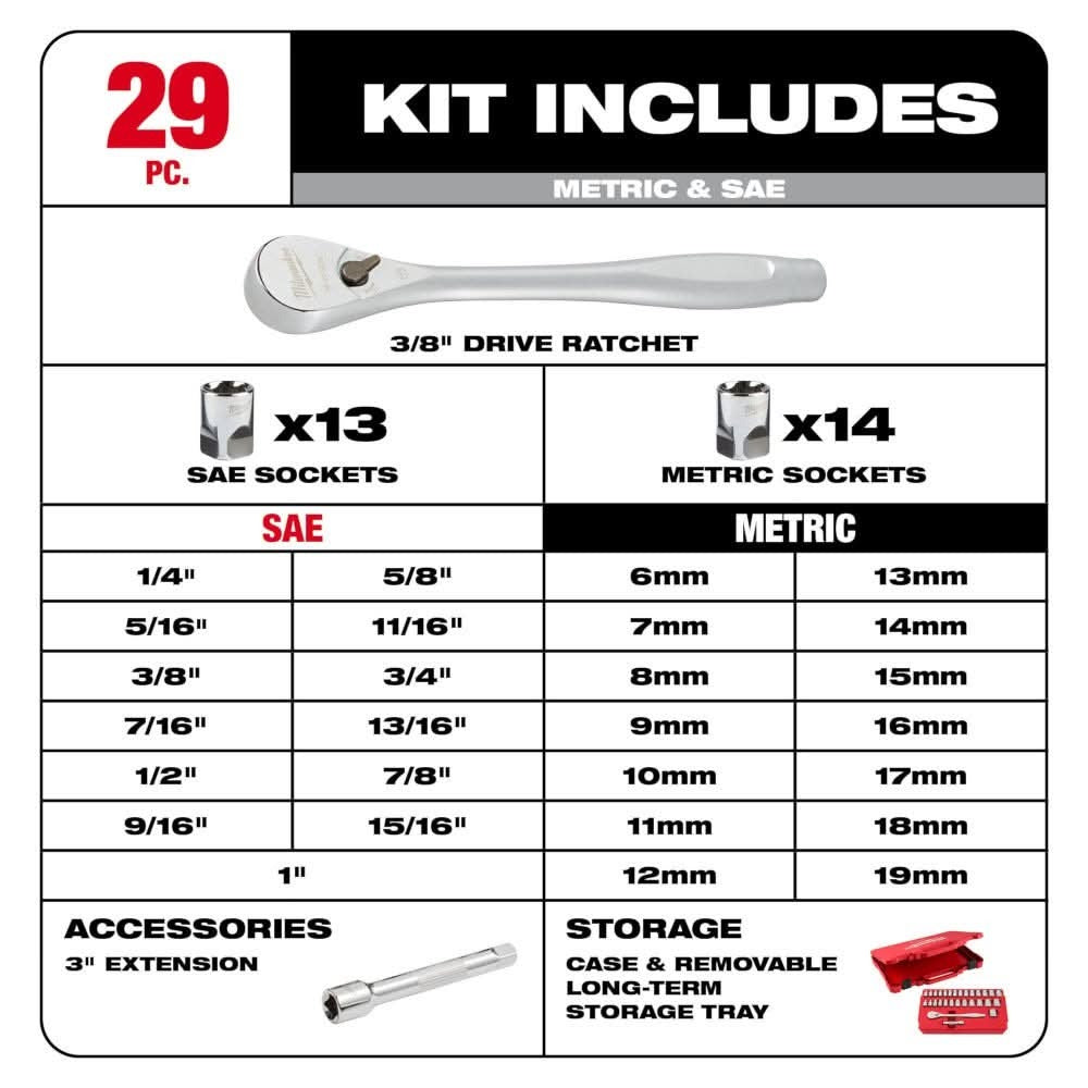 Milwaukee 48-22-9088 29pc 3/8" Drive Metric & SAE Ratchet and Socket Set with Four Flat Sides