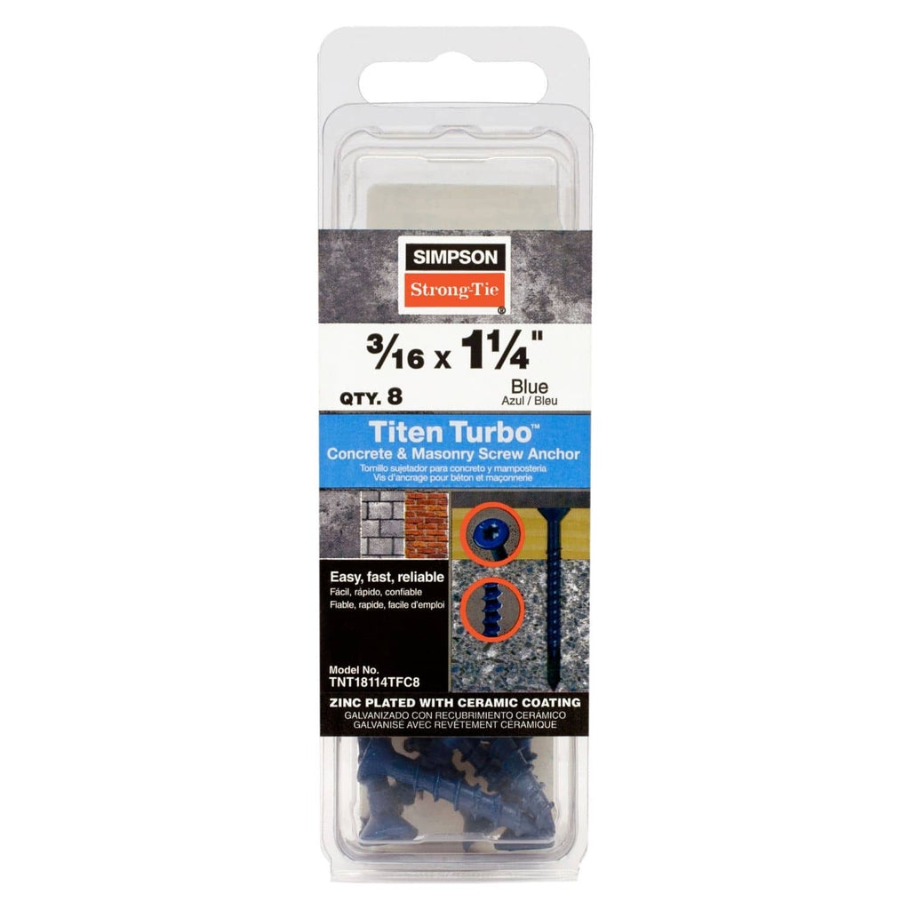 Simpson Strong-Tie TNT18114TFC8 Titen Turbo, 3/16-in. x 1-1/4-in. 6-Lobe Flat-Head Concrete and Masonry Screw, Blue, 8-Pack