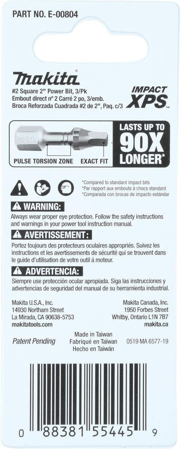 Makita E-00804 Impact XPS #2 Square 2" Power Bit, 3/pk