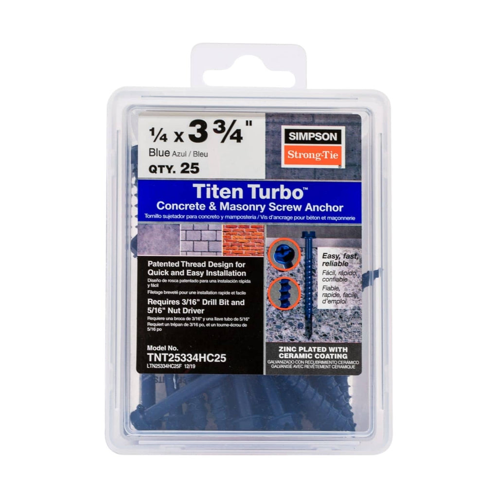 Simpson Strong-Tie TNT25334HC25 Titen Turbo, 1/4-in. x 3-3/4-in. Hex-Head Concrete and Masonry Screw, Blue, 25-Pack