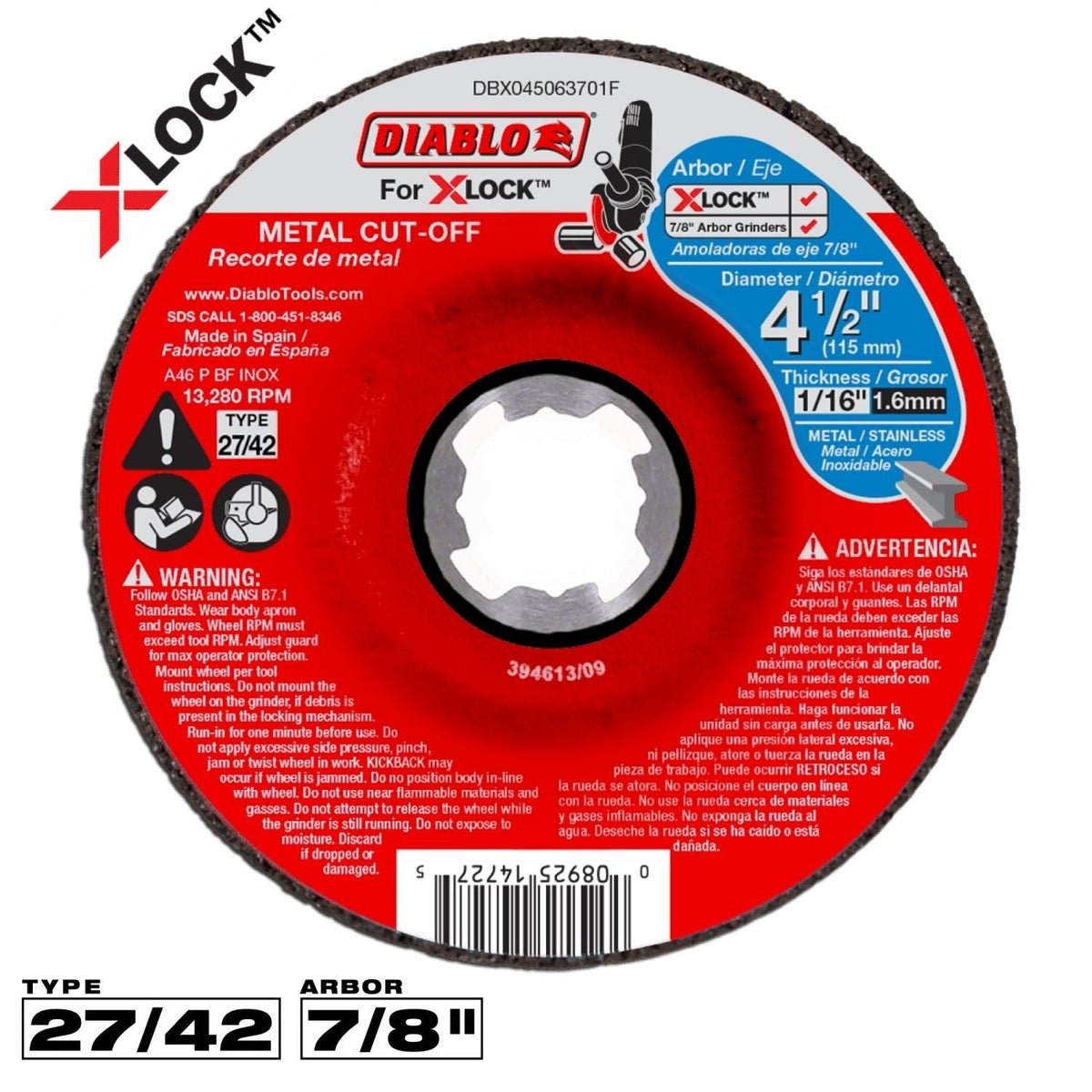 Diablo DBX045063701F 4-1/2 Inch Type 27 Metal Cut-Off Disc for X-Lock and All Grinders