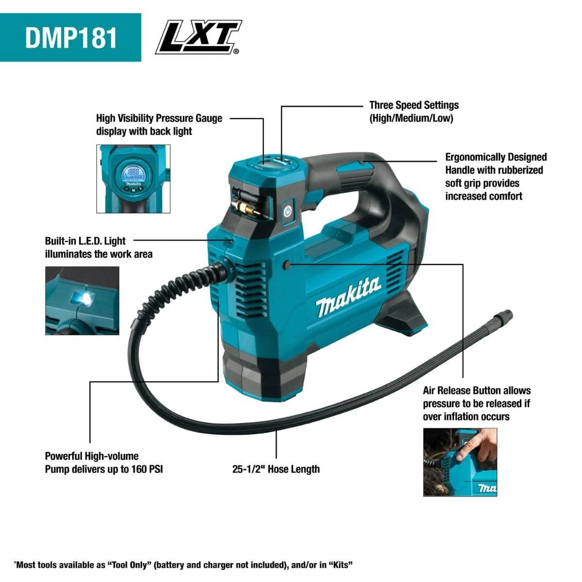 Makita DMP181ZX 18V LXT Lithium-Ion Cordless High-Pressure Inflator, Tool Only
