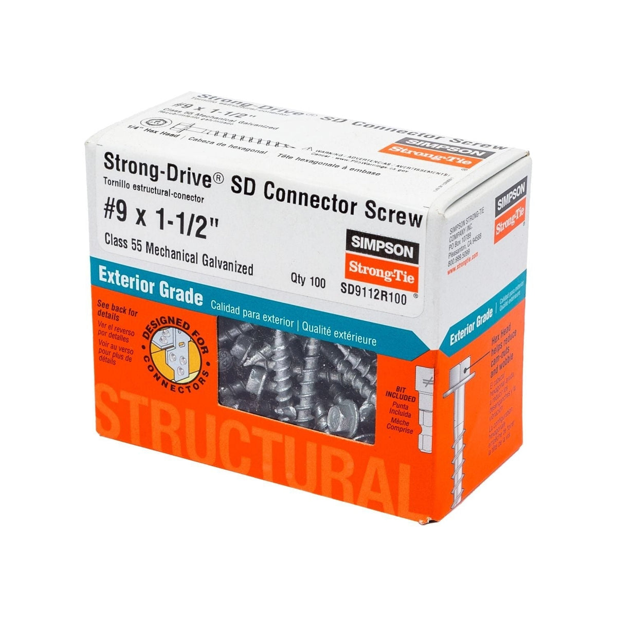 Simpson Strong-Tie Strong-Drive SD CONNECTOR Screw, #9 x 1-1/2-in. 1/4-Hex Drive, Mech. Galv., 100-Pack (SD9112R100)