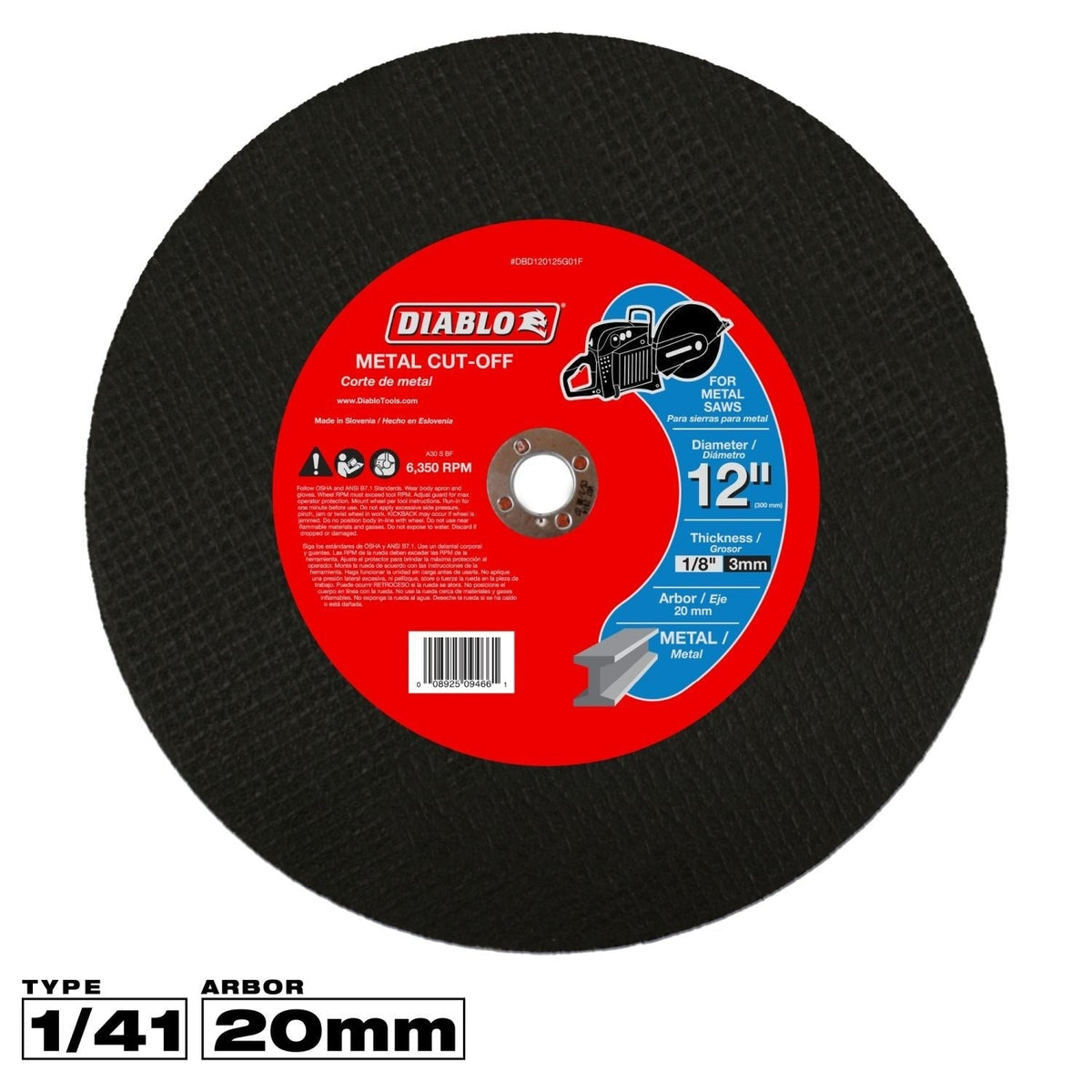 Diablo DBD120125G01F 12 Inch Metal High Speed Cut Off Disc 20mm