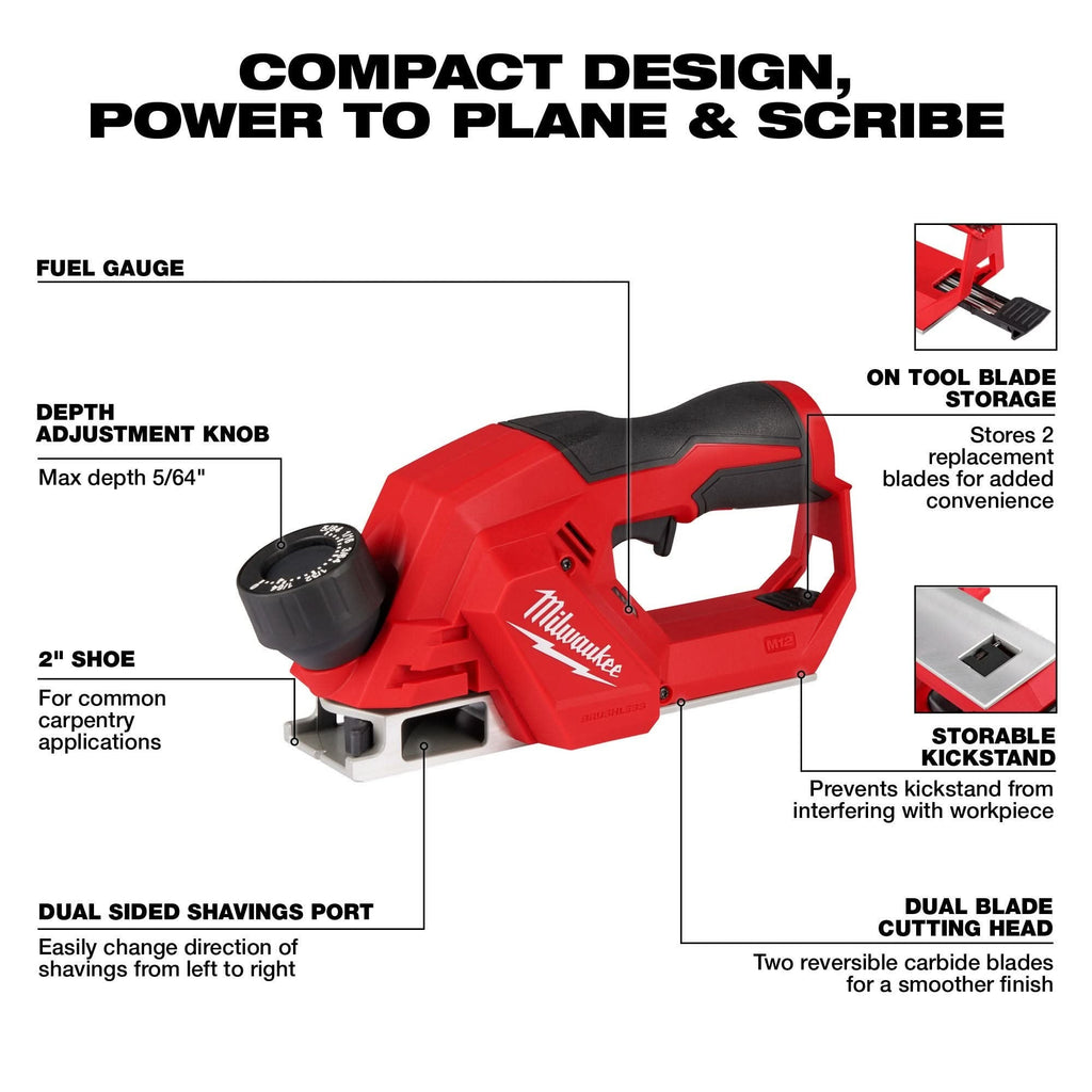 Milwaukee M12 Brushless 2-inch Planer with 4.0Ah Extended Capacity Battery