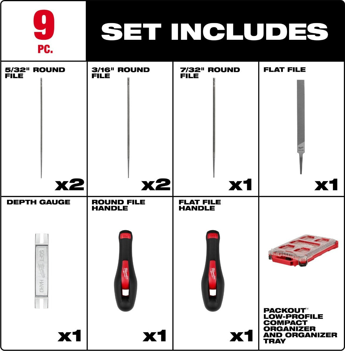Milwaukee 49-16-2880 9pc Saw Chain Sharpening Set with PACKOUTTM Low-Profile Compact Organizer