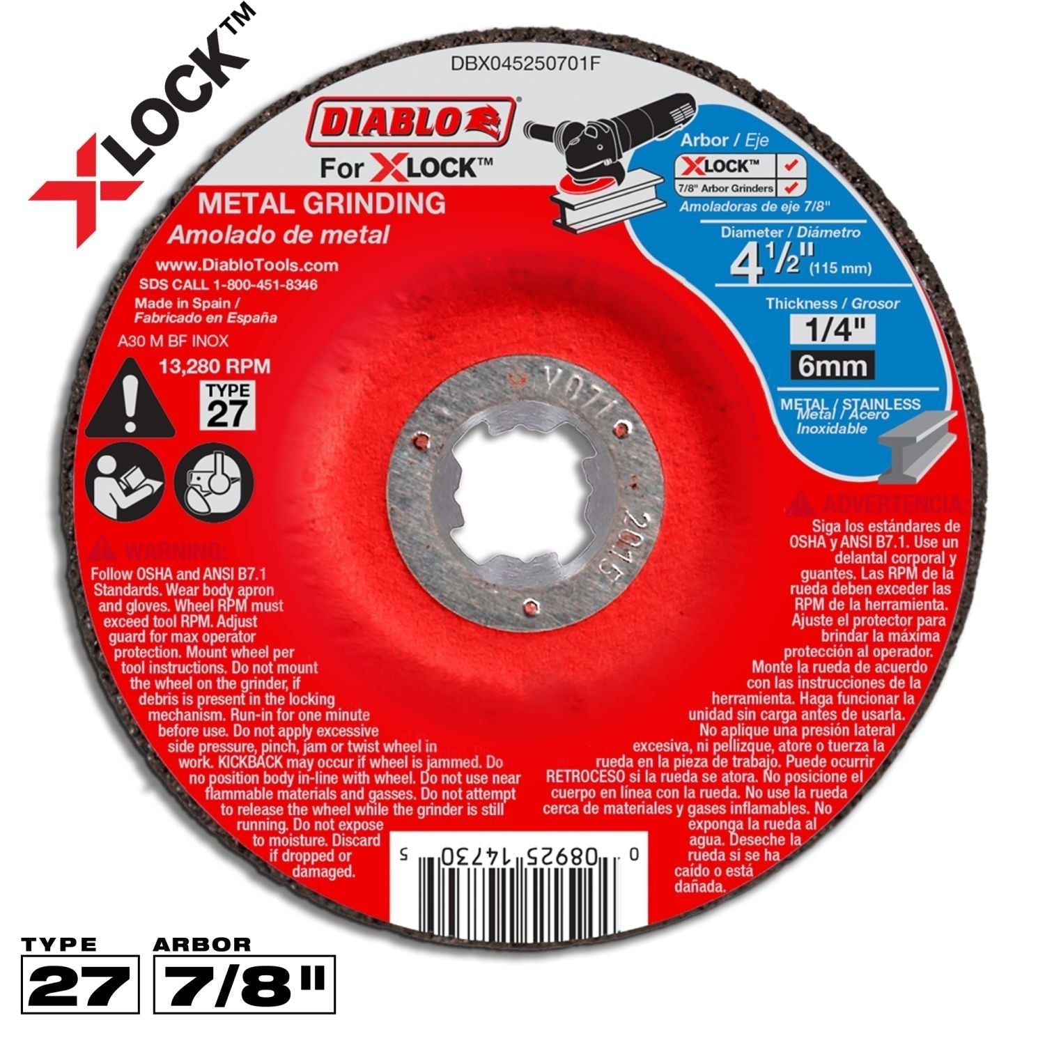 Diablo DBX045250701F 4-1/2 Inch Type 27 Metal Grinding Disc for X-Lock and All Grinders