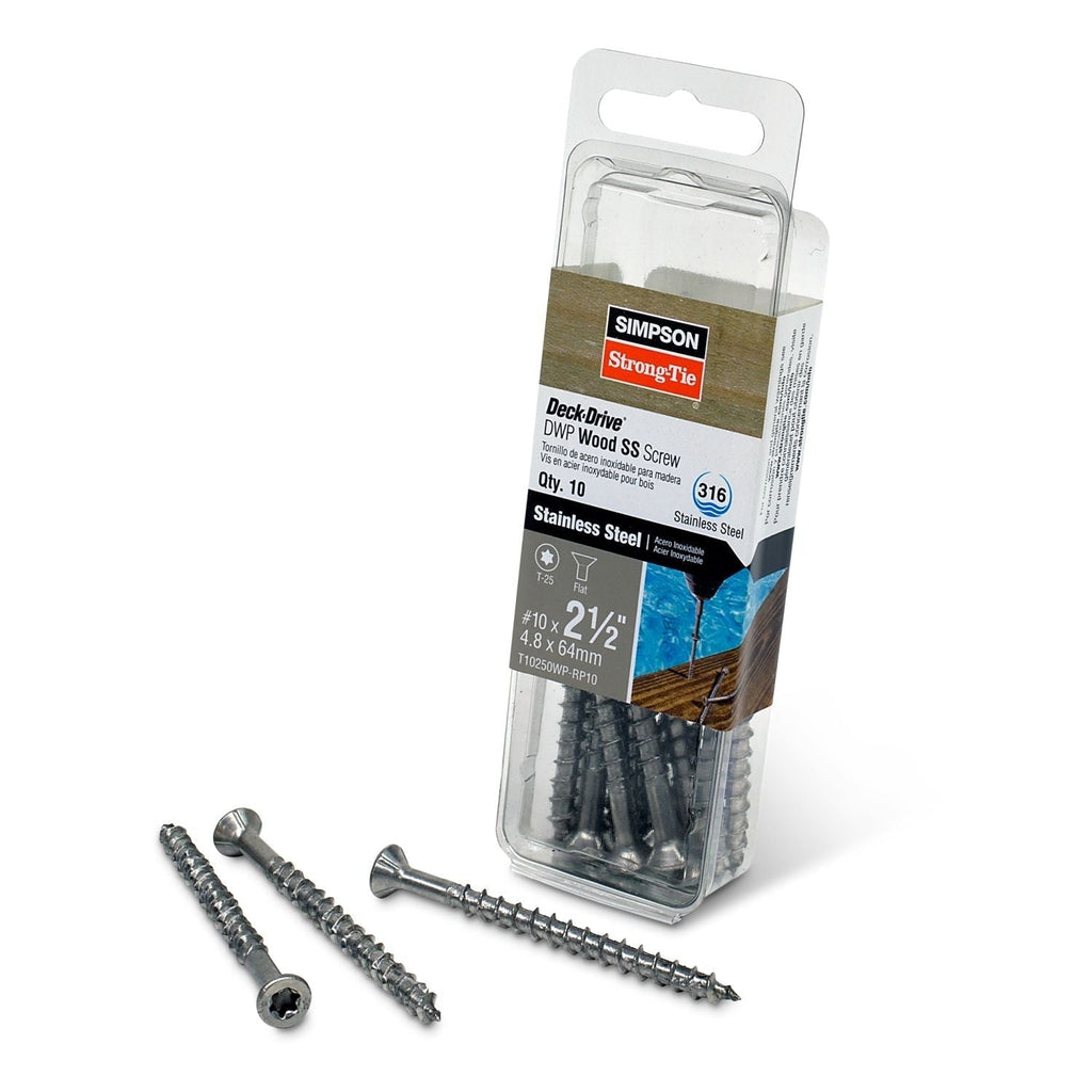 Simpson Strong-Tie T10250WP-RP10 Deck-Drive DWP WOOD SS Screw, #10 x 2-1/2-in. T25, Flat Head, Type 316, 10-Pack