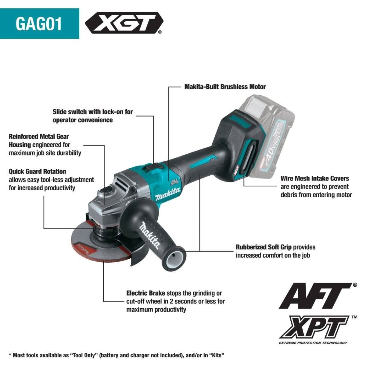 Makita GAG01Z 40V max XGT Brushless Cordless 4-1/2"Â / 5" Angle Grinder, with Electric Brake, Tool Only