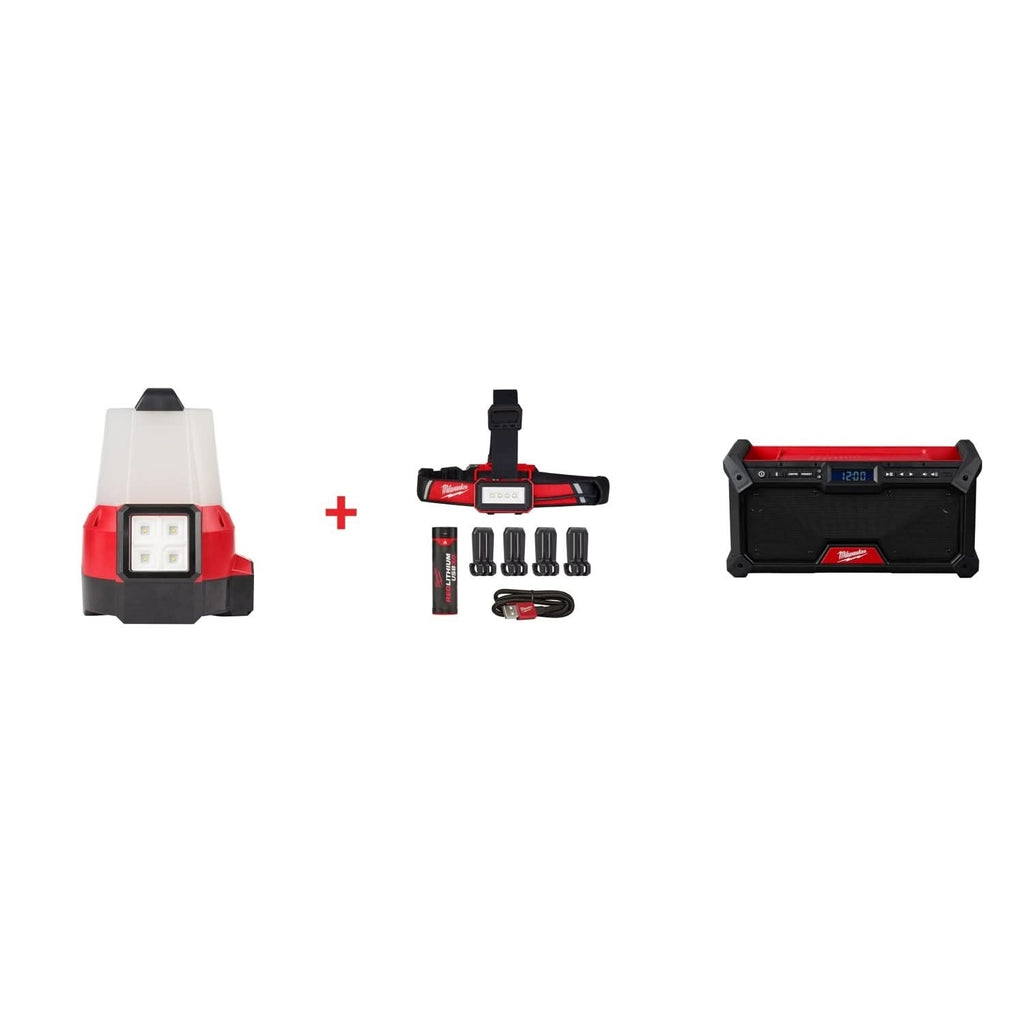 Milwaukee M18 RADIUS Site Light (FM) & Low Profile USB Headlamp Set with M18 Bluetooth Jobsite Radio