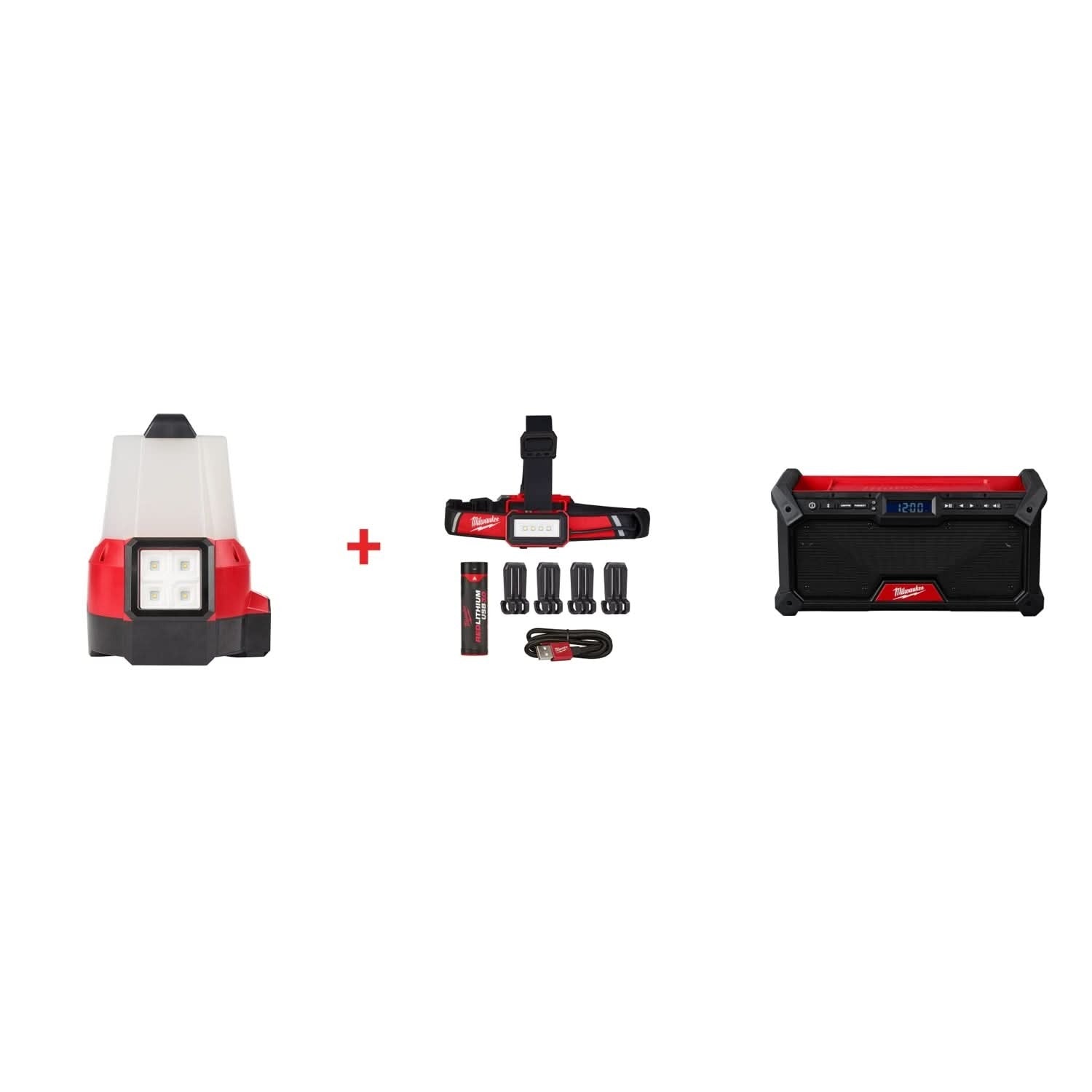 Milwaukee M18 RADIUS Site Light (FM) & Low Profile USB Headlamp Set with M18 Bluetooth Jobsite Radio