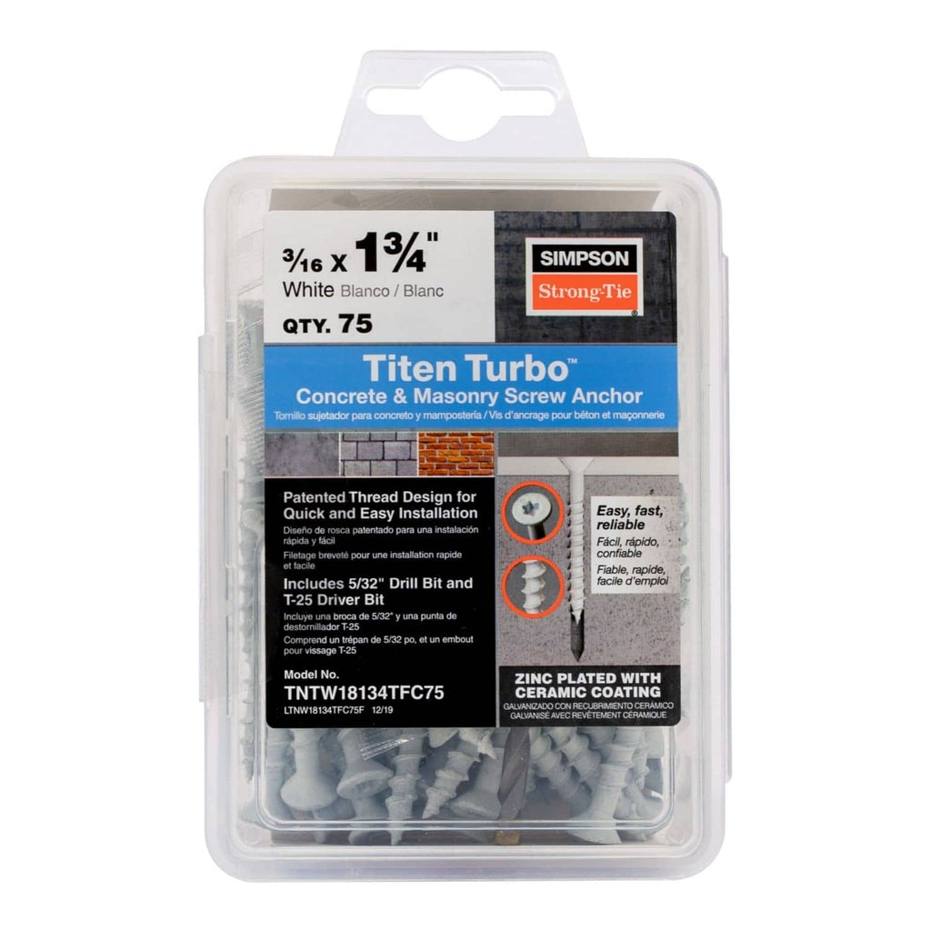 Simpson Strong-Tie TNTW18134TFC75 Titen Turbo, 3/16-in. x 1-3/4-in. 6-Lobe Flat-Head Concrete and Masonry Screw, White, 75-Pack