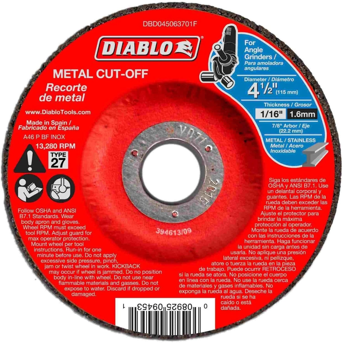 Diablo DBD045063701F 4-1/2 Inch Metal Cut Off Disc - Type 27