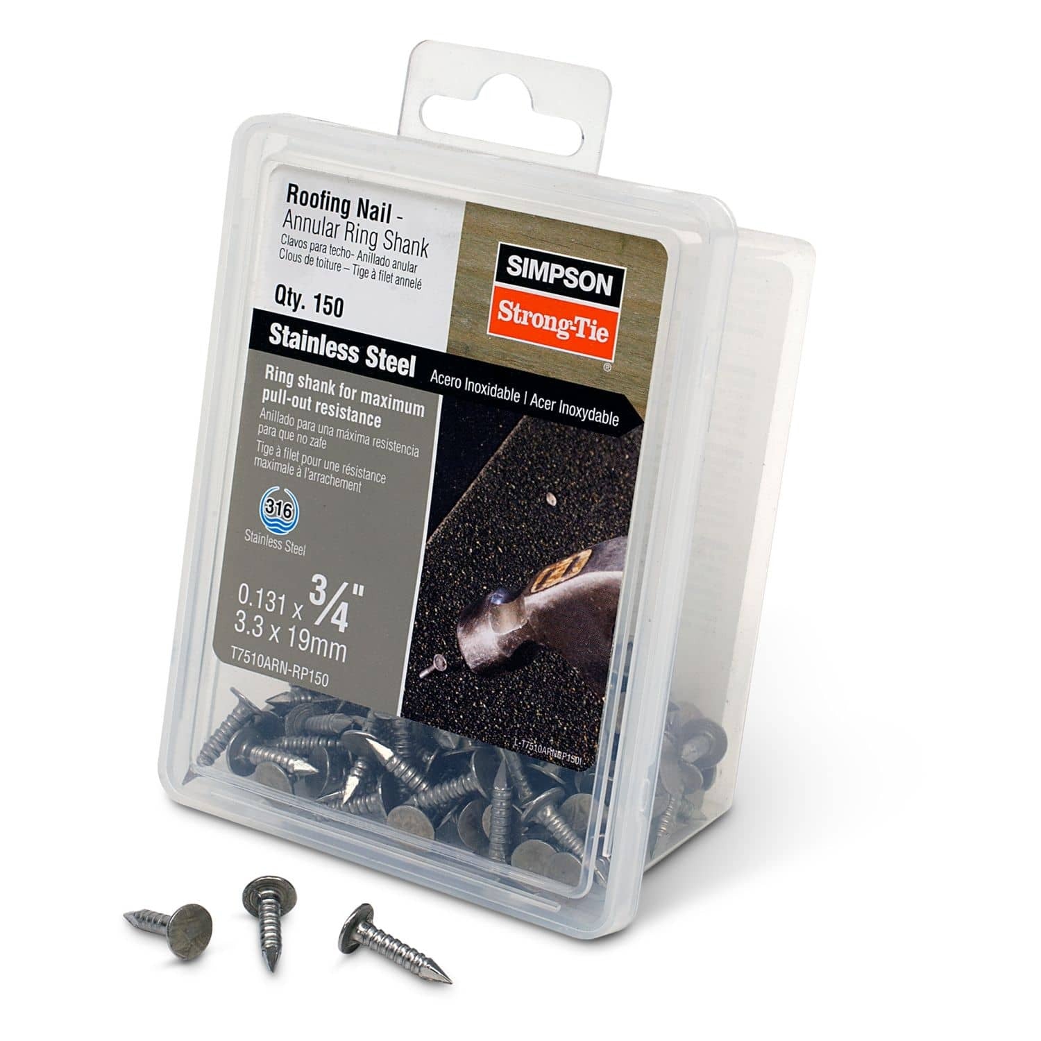 Simpson Strong-Tie T7510ARN-RP150 Roofing Nail, Annular Ring Shank, 3/4-in. x .131-in. Type 316 Stainless Steel, 150-Pack