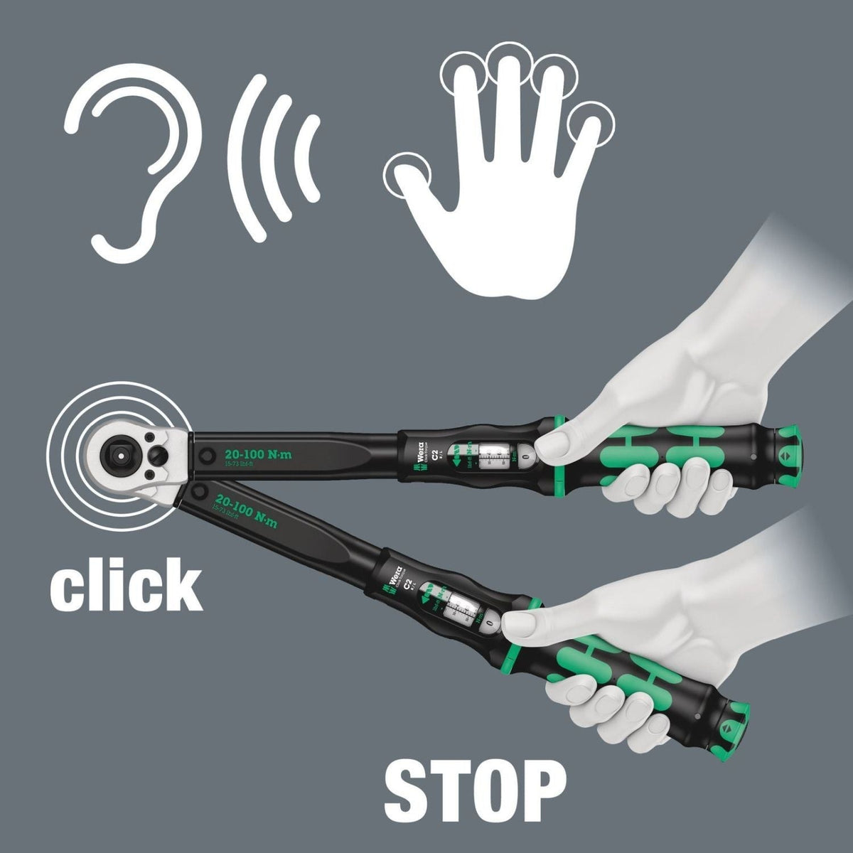 Wera Click-Torque C 2 Push R/L Adjustable Torque Wrench For Clockwise And Anti-Clockwise Torque-Control, 20-100 Nm, 1/2-in.x20-100 Nm