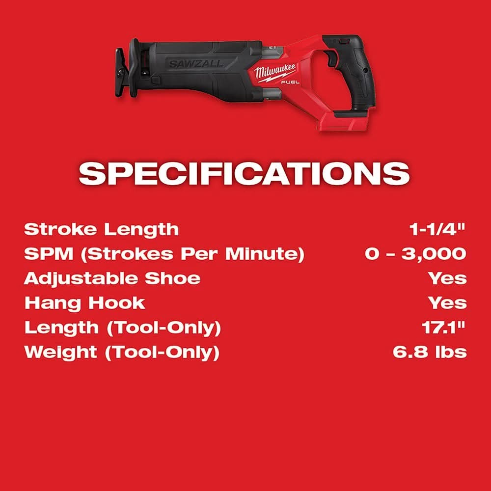 Milwaukee 2821-20 M18 FUEL SAWZALL Recip Saw, Tool Only