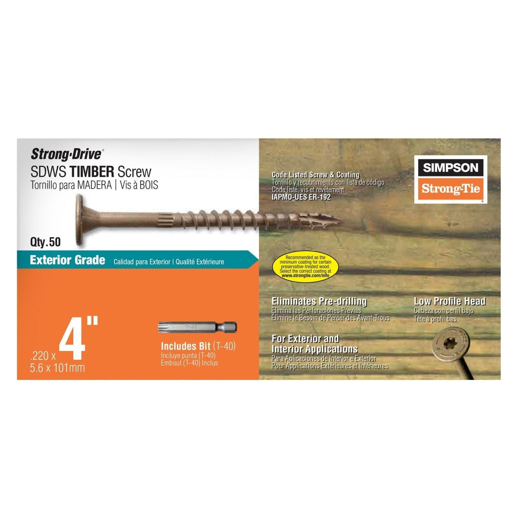Simpson Strong-Tie Strong-Drive SDWS Timber Exterior Grade Screw, 0.220-in. x 4-in. T40, Tan, 50-Pack (SDWS22400DB-R50)