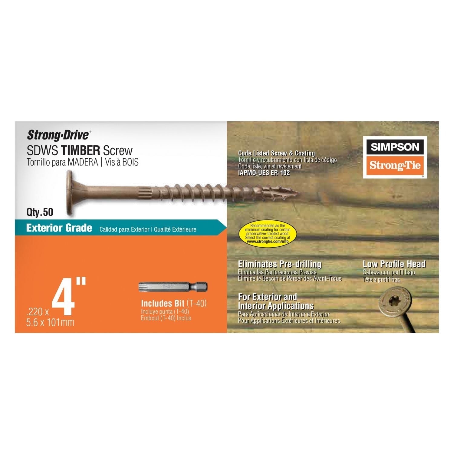 Simpson Strong-Tie Strong-Drive SDWS Timber Exterior Grade Screw, 0.220-in. x 4-in. T40, Tan, 50-Pack (SDWS22400DB-R50)