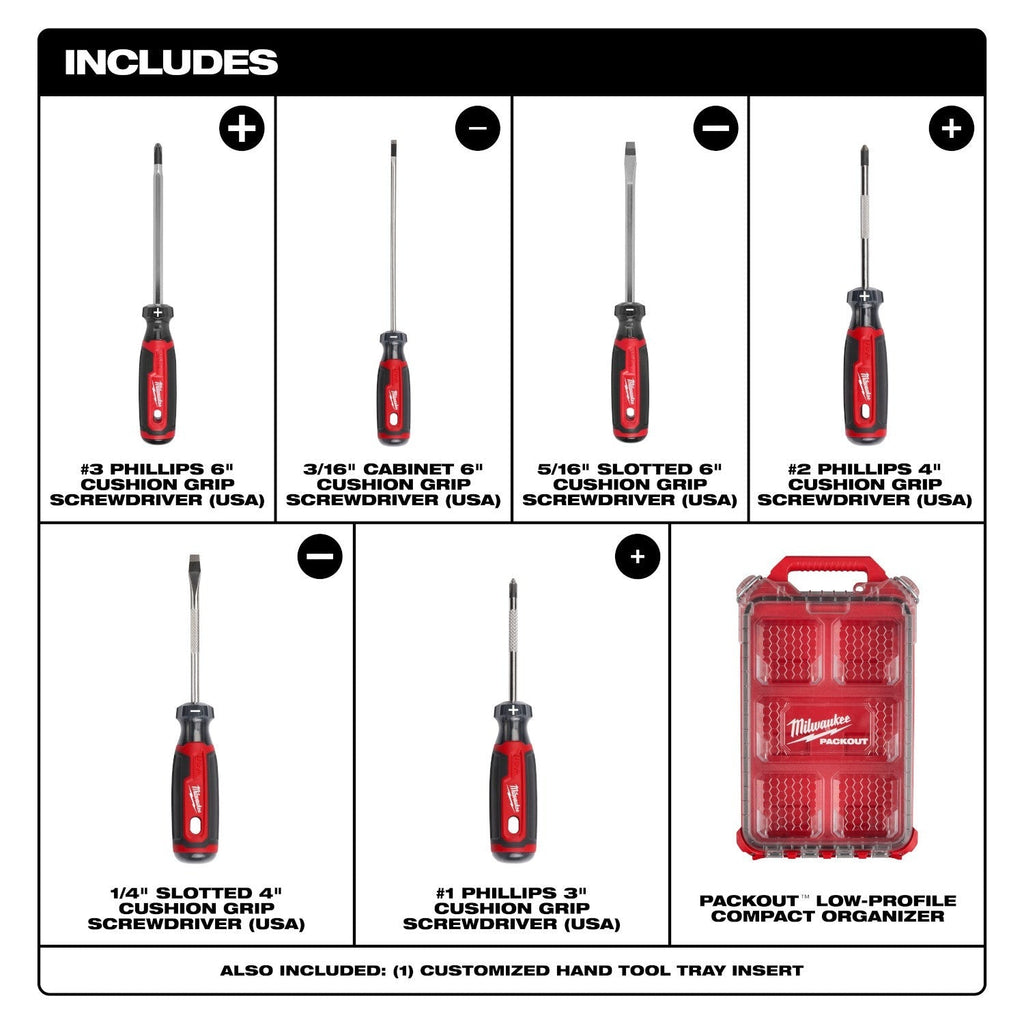 Milwaukee MT200-6P 6-Piece Cushion Grip Screwdrivers PACKOUT Low-Profile Compact Organizer Set