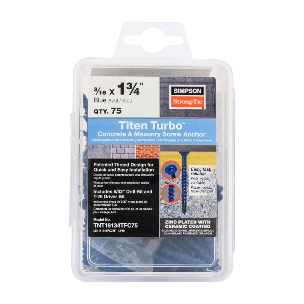 Simpson Strong-Tie TNT18134TFC75 Titen Turbo, 3/16-in. x 1-3/4-in. 6-Lobe Flat-Head Concrete and Masonry Screw, Blue, 75-Pack