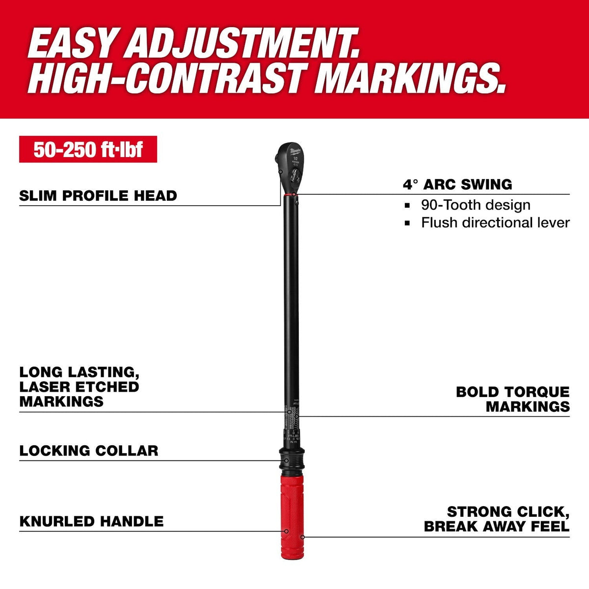 Milwaukee 48-22-9203 1/2-in. Drive Click Torque Wrench, 50-250 ft·lb