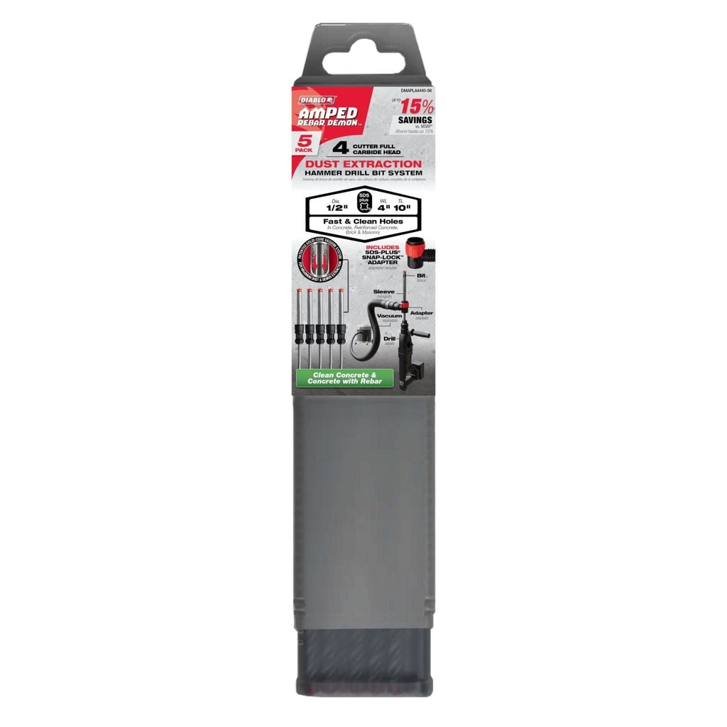 Diablo DMAPLA4440-S6 1/2-in. x 4-in. x 10-in. AMPED Rebar Demon SDS-Plus 4-Cutter Full Carbide Head Dust Extraction Hammer Drill Bit, 5-Pack